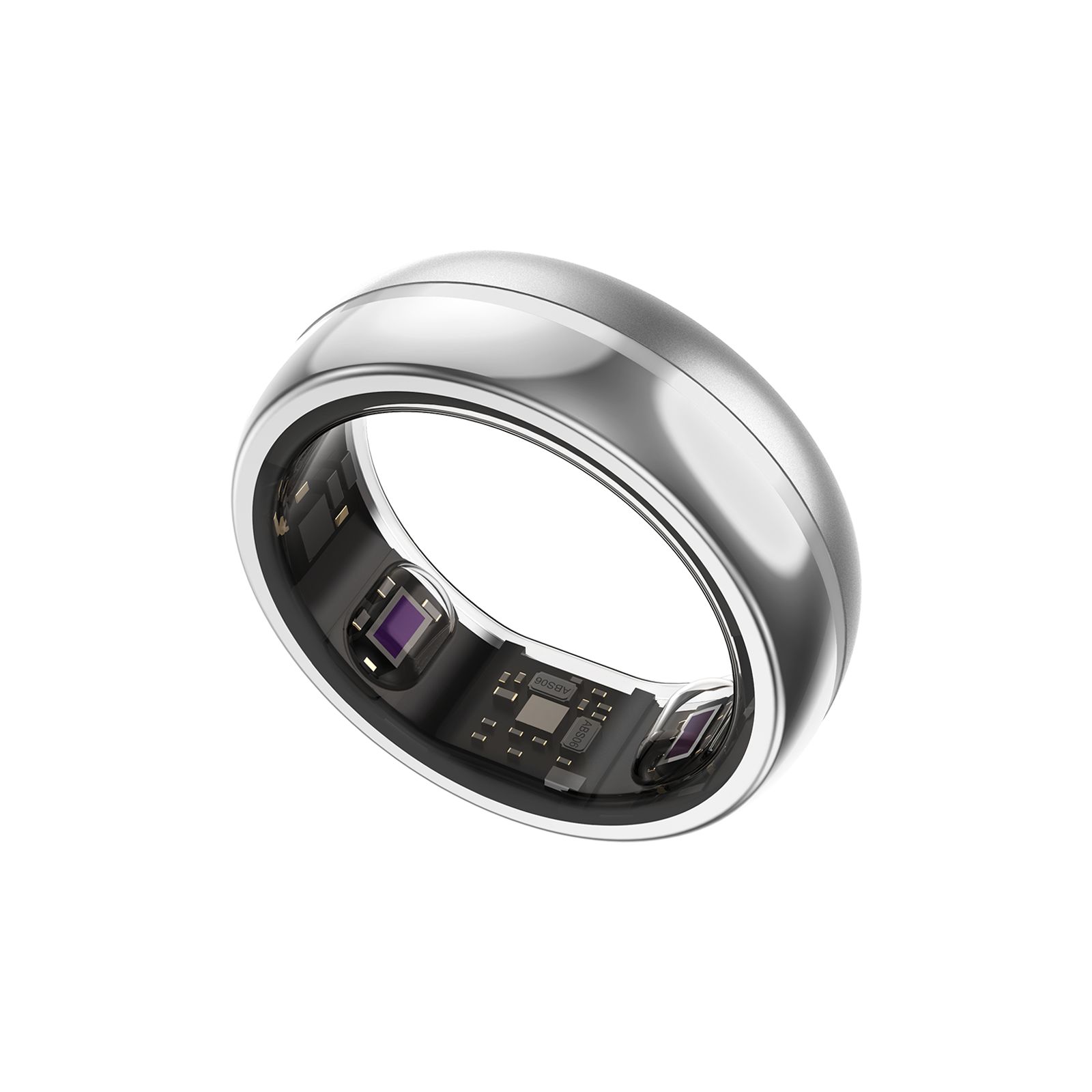 Silberner Ring mit Innenleben. Sichtbare Sensoren und elektronische Komponenten.