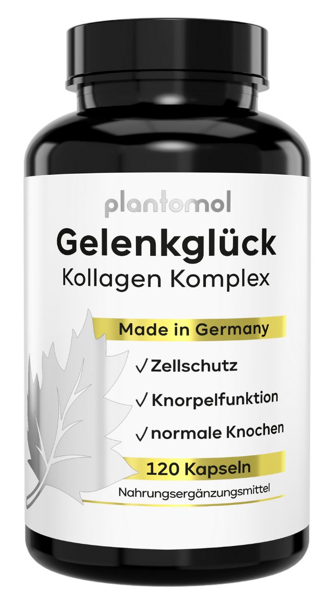 Schwarze Flasche mit plantomol® Gelenkglück Kapseln. Enthält 120 Kapseln. Made in Germany. Für Zellschutz, Knorpelfunktion und normale Knochen.