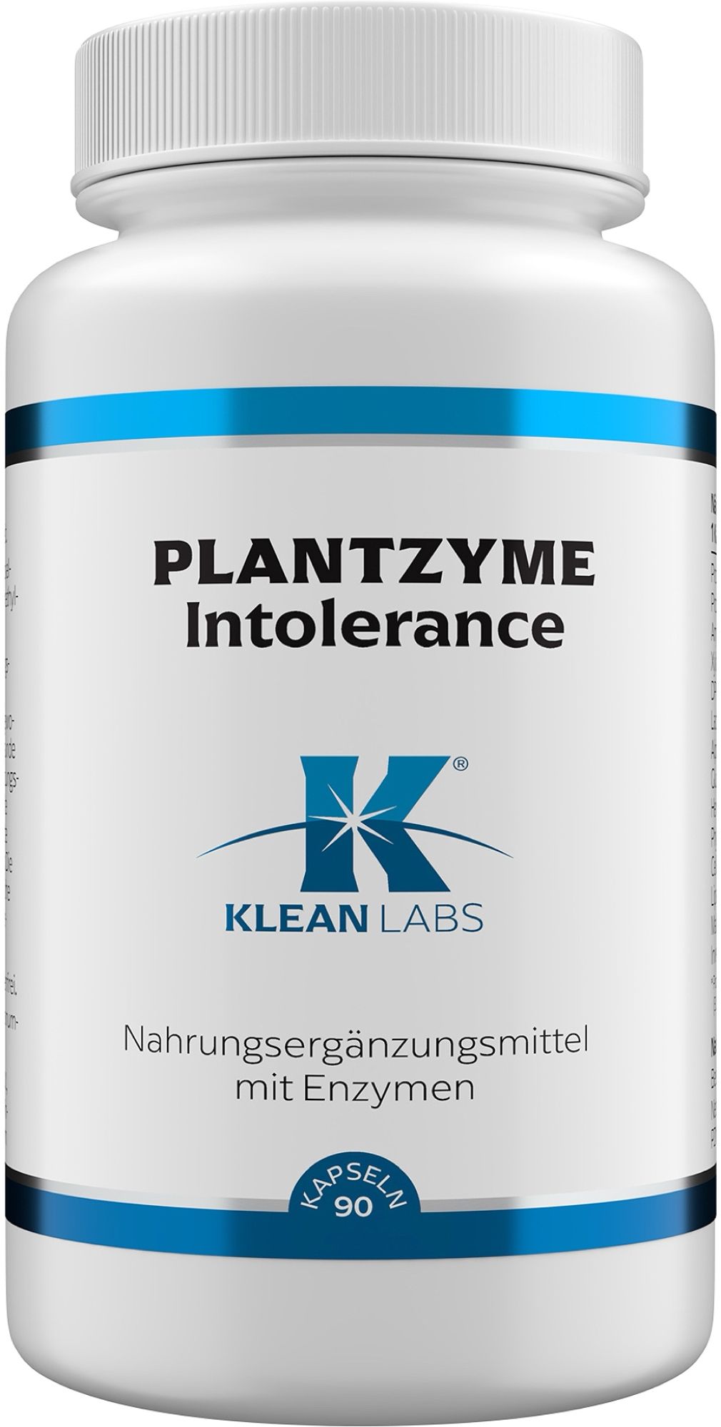 Weiße Kapsel mit blauem Etikett: Klean Labs PlantZyme Intolerance, 90 Kapseln.
