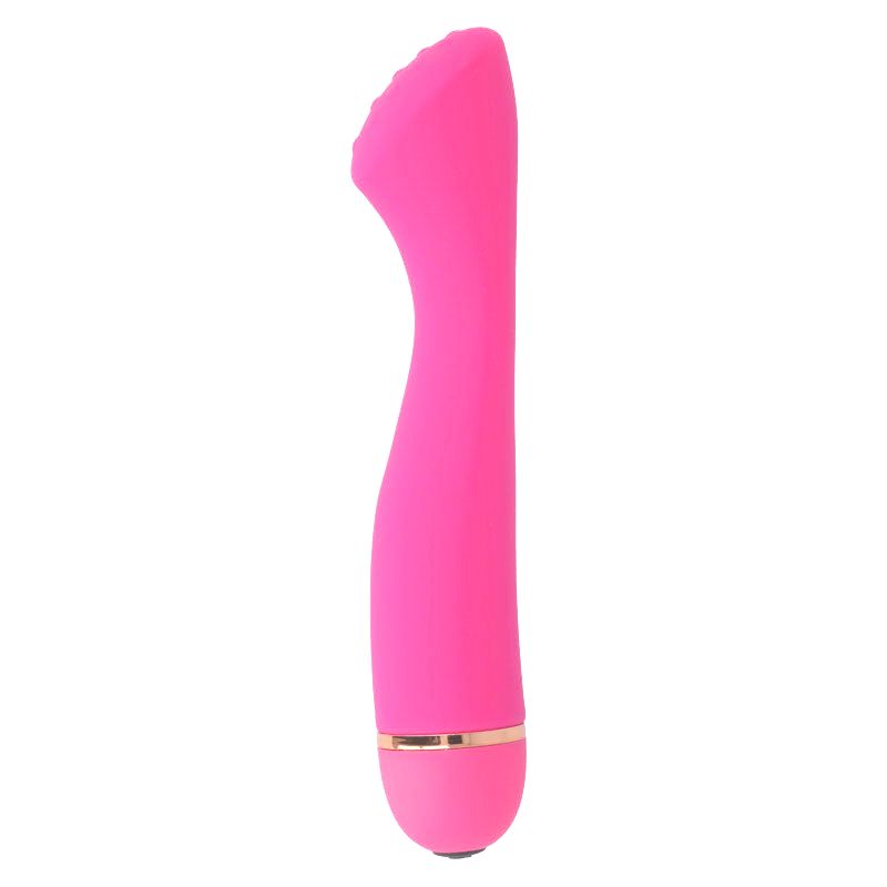 Pinkfarbener Vibrator mit gebogener Form. Die Spitze ist mit kleinen Erhebungen versehen. Goldfarbener Ring am unteren Ende.