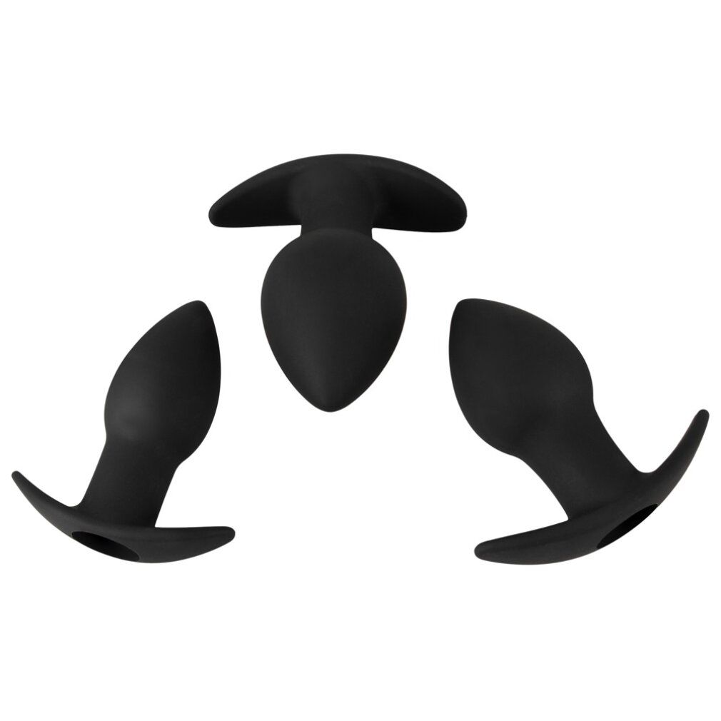 Drei schwarze Anal-Plugs mit breiter Basis. Unterschiedliche Größen.