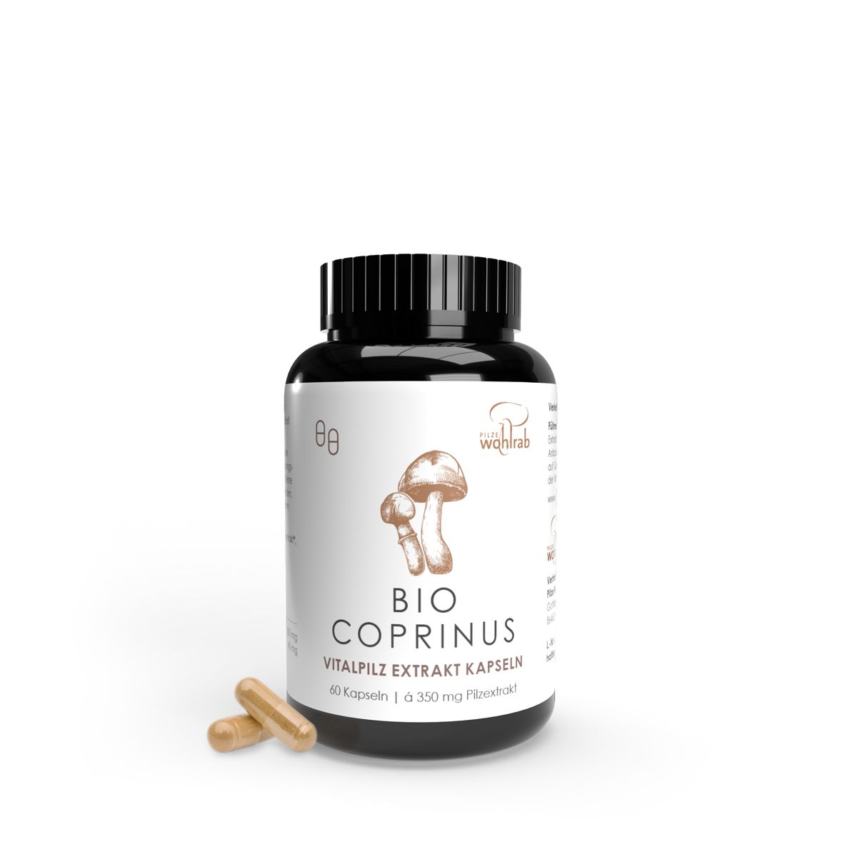 Schwarze Dose mit Vitalpilz Extrakt Kapseln (Bio Maitake), 60 Kapseln.