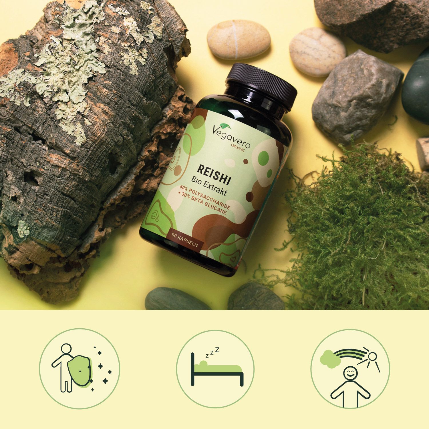 Grüne Flasche REISHI Bio Extrakt, umgeben von Naturmaterialien. Symbole: Immunsystem, Schlaf, Stimmung. Hintergrund: gelb.