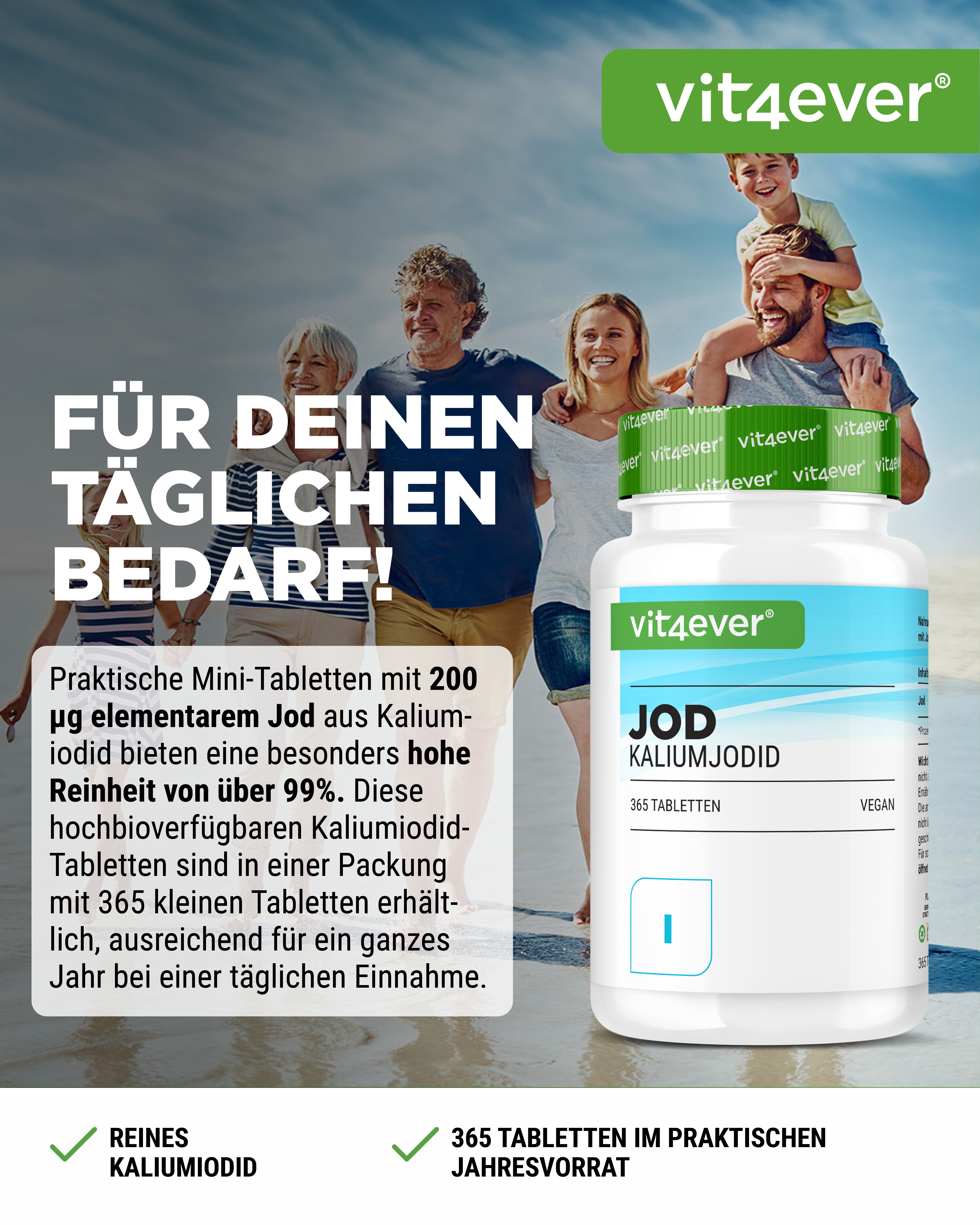 Weiße Flasche mit grünem Deckel, Aufschrift "vit4ever Jod Kaliumjodid". Enthält 365 Tabletten. Vegan.