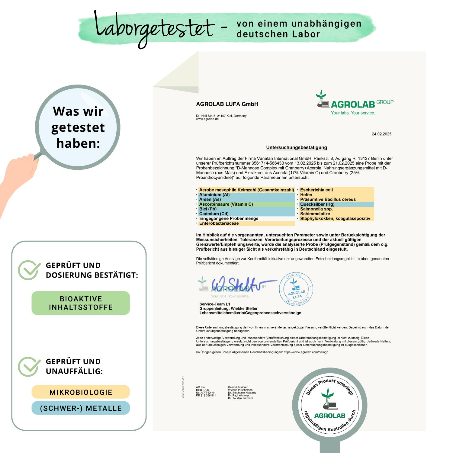 Laborbericht von Agrolab LUFA GmbH. Bestätigung von Bioaktiven Inhaltsstoffen und Mikrobiologie. Siegel: Geprüft und Dosierung bestätigt.