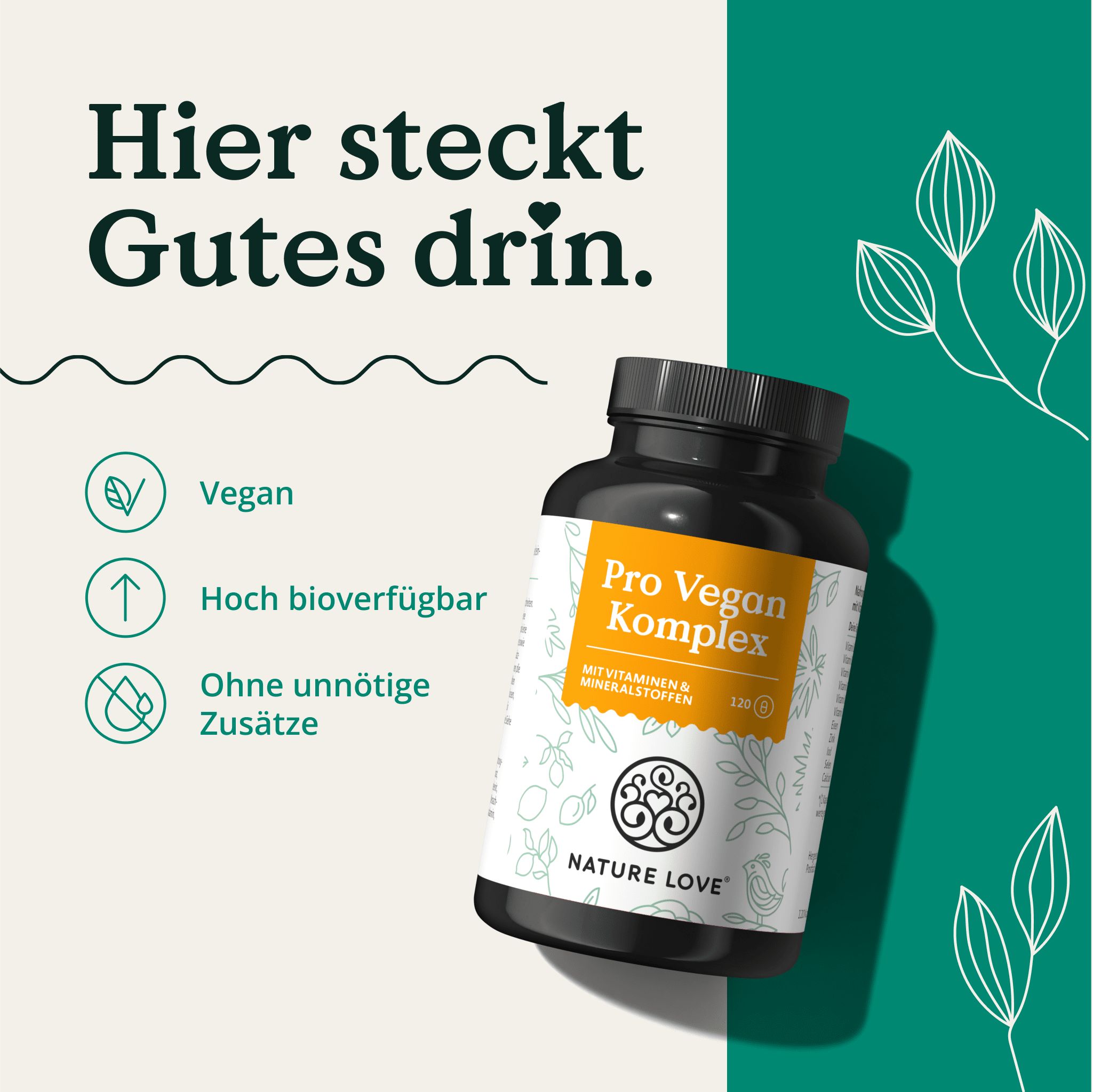 Schwarze Flasche mit Etikett. Aufschrift: Pro Vegan Komplex, 120 Kapseln. Logo: NATURE LOVE®. Icons: Vegan, hoch bioverfügbar, ohne unnötige Zusätze.