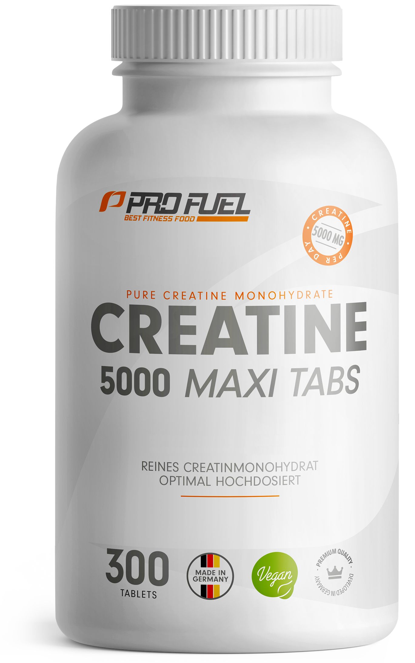 ProFuel Creatine 5000 Maxi Tabs: Flasche mit 300 Tabletten. "Made in Germany", "Vegan", "Premium Quality".