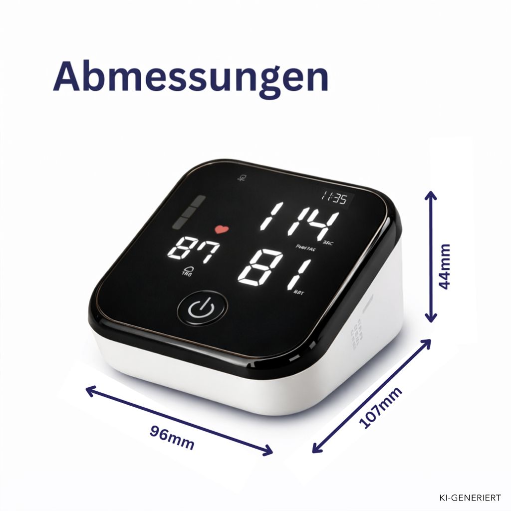 Blutdruckmessgerät mit Abmessungen: 96mm x 107mm x 44mm. Großes LED-Display.