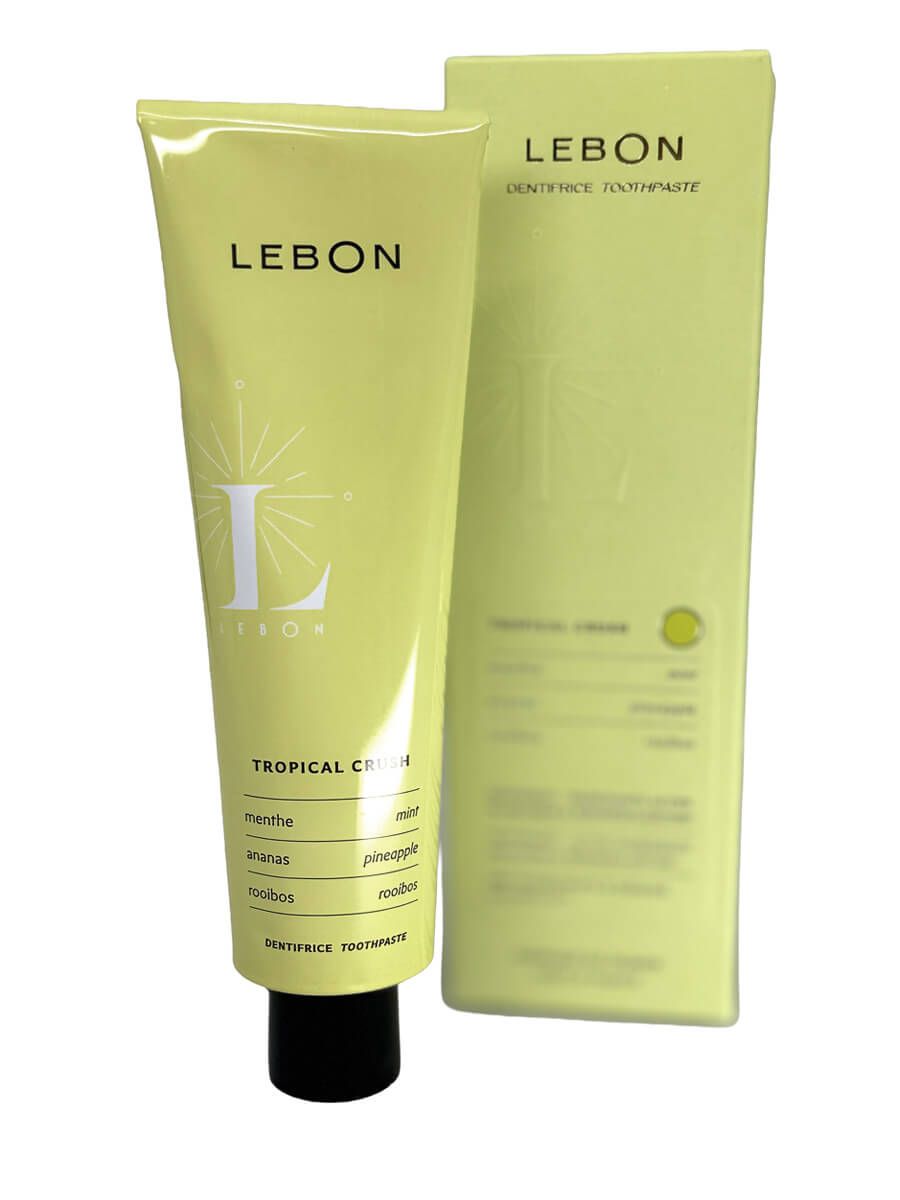 Gelbe Tube und Verpackung. Auf der Tube steht LEBON, Tropical Crush. Verpackung zeigt Produktinformationen.