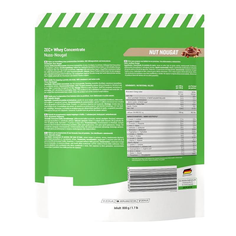 Rückseite der ZEC+ Whey Concentrate Nuss Nougat Verpackung. Grün-weißes Design mit Text und Nährwertangaben. 800 g Inhalt.