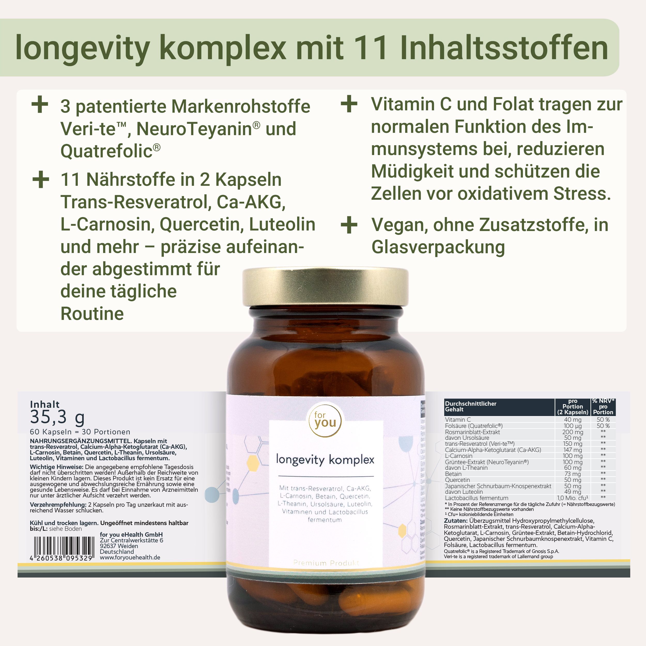 Flasche Longevity Komplex, Vorder- und Rückseite mit Etiketten und Nährwertangaben.
