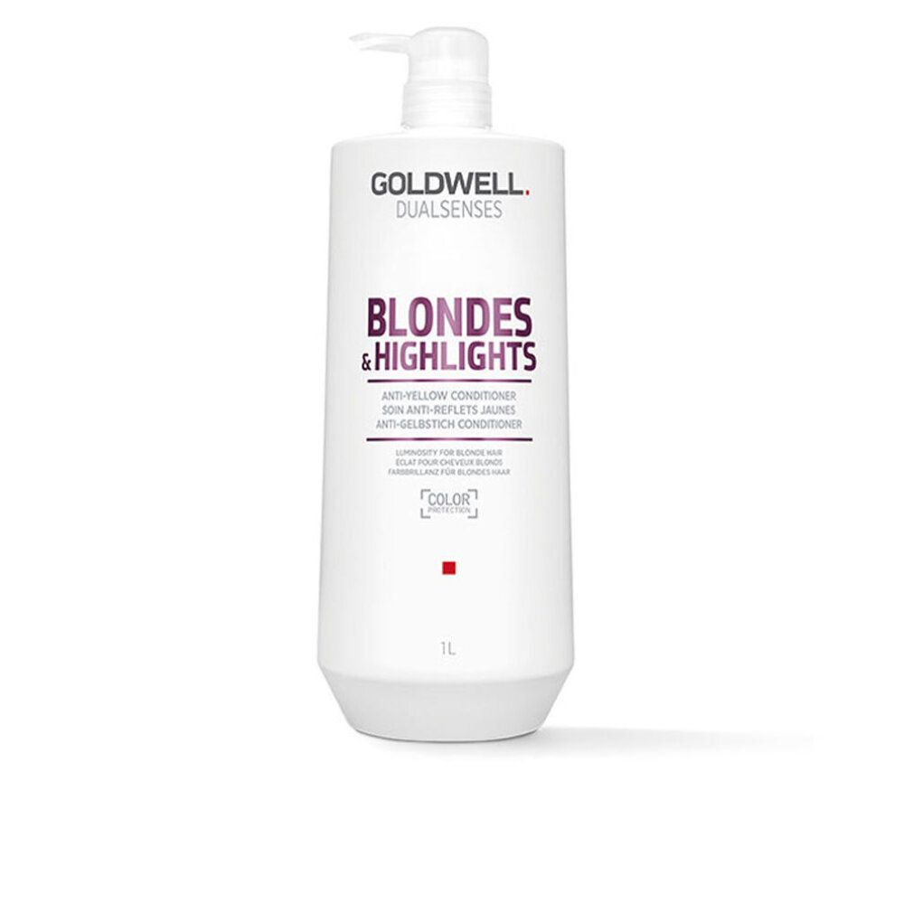 Goldwell Dual Senses Conditioner. Weiße Flasche mit Pumpe. Aufschrift: Blondes & Highlights, Anti-Gelbstich Conditioner. 1L.