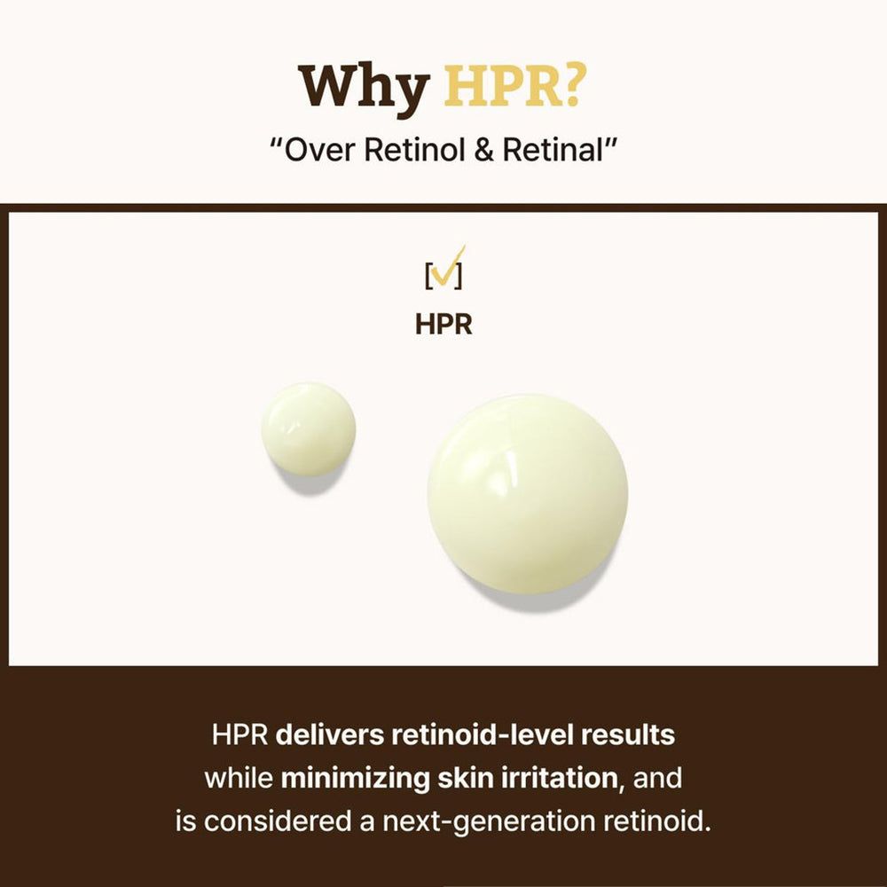 Vergleich von zwei Tropfen. Text: Warum HPR? HPR liefert Ergebnisse auf Retinoid-Ebene, minimiert Hautirritationen.