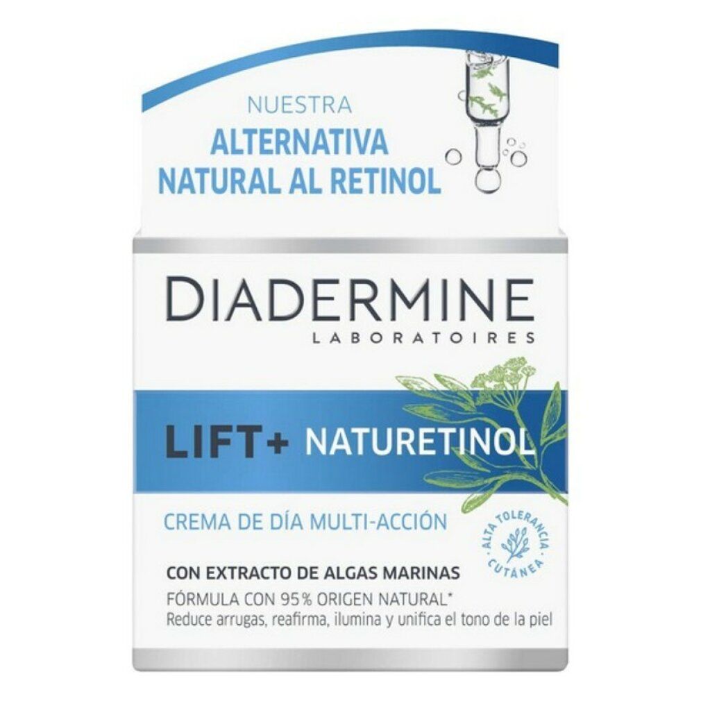 Diadermine Lift+ Naturetinol Tagescreme-Verpackung. Weißer Karton mit blauen und grünen Akzenten. Text: Diadermine, Lift+ Naturetinol, Creme de Día Multi-Acción.