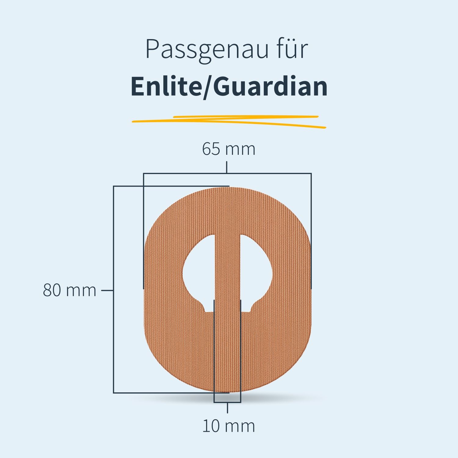 Pflaster mit Aussparung. Maße: 80 mm x 65 mm x 10 mm. Text: Passgenau für Enlite/Guardian.