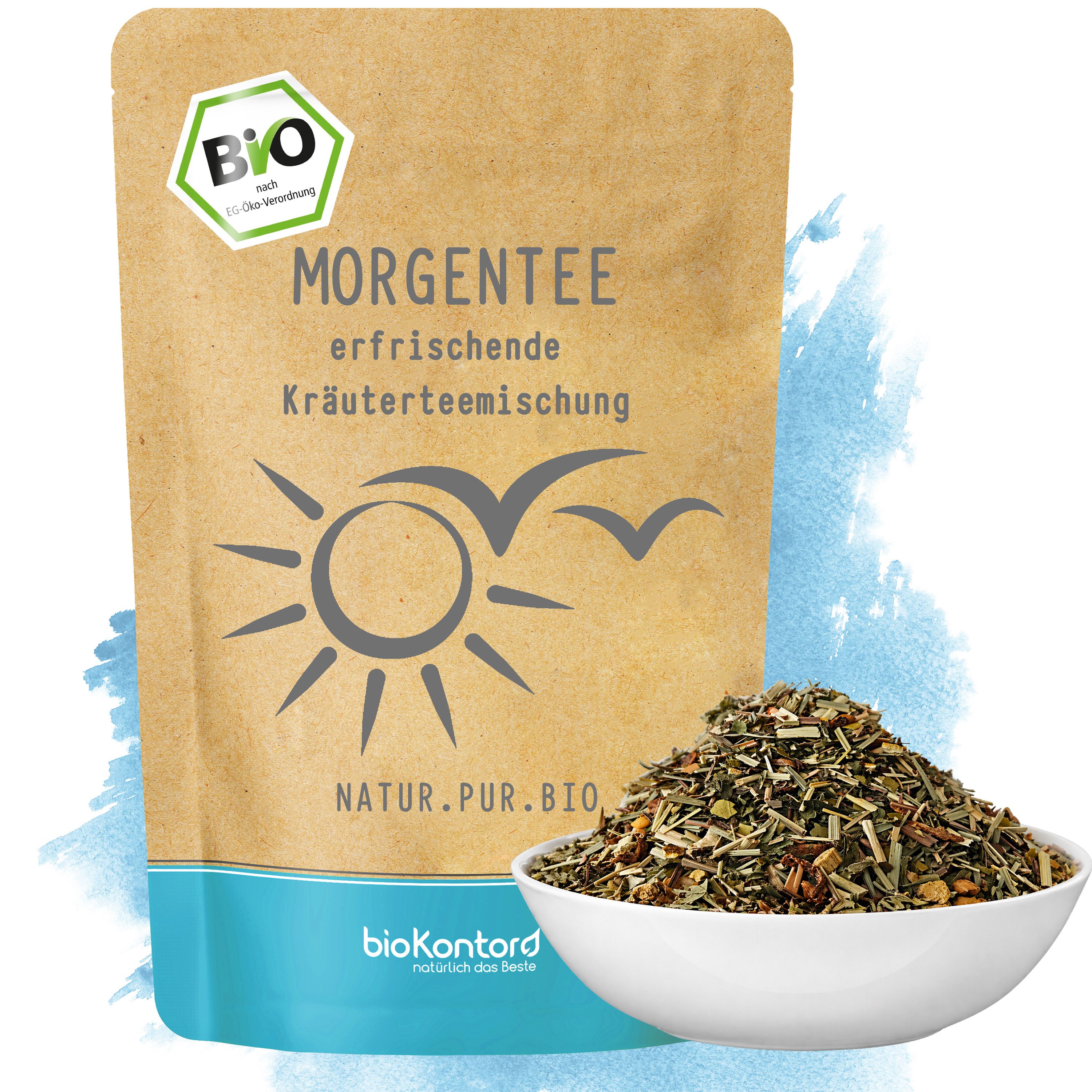 BioKontor Morgentee Kräutermischung in Schale und Beutel mit Bio-Siegel.