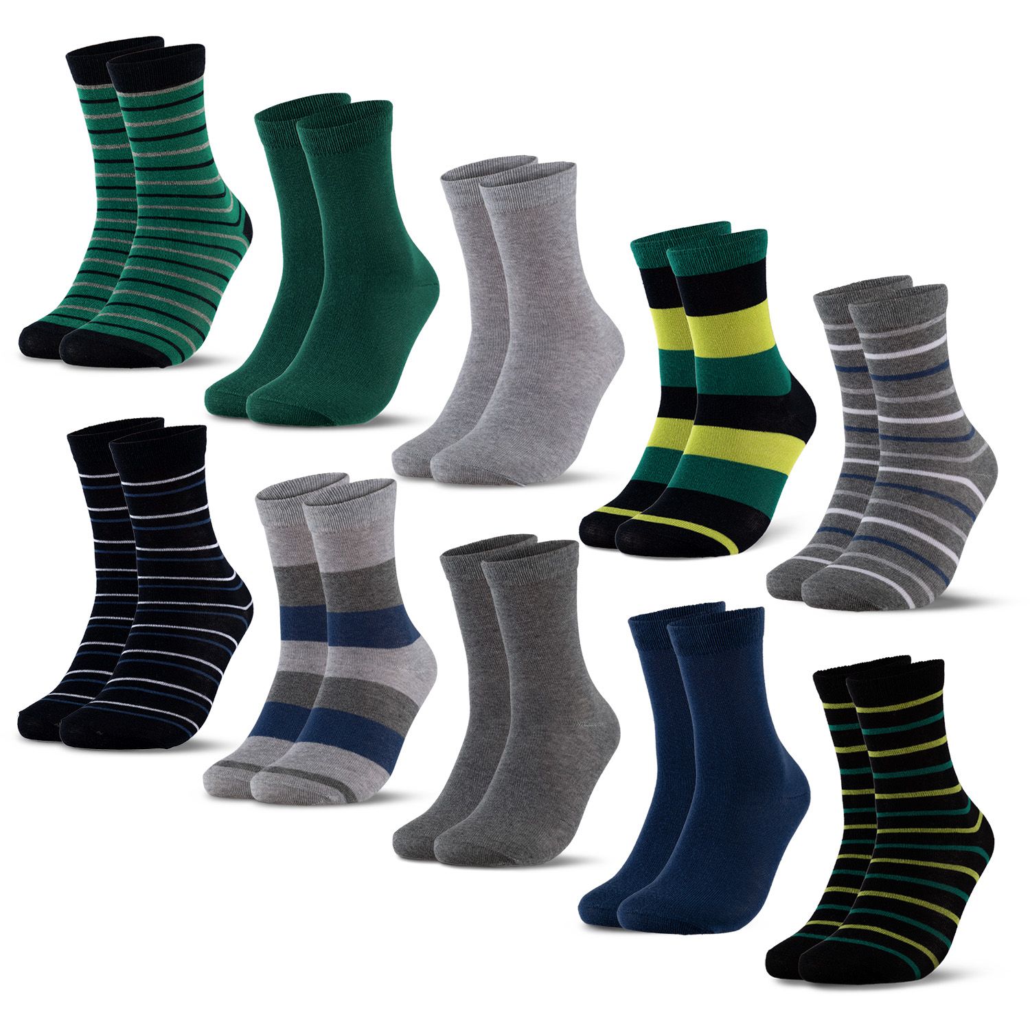 Mehrere Paar Socken. Verschiedene Farben und Muster: gestreift, einfarbig. Auf weißem Hintergrund.