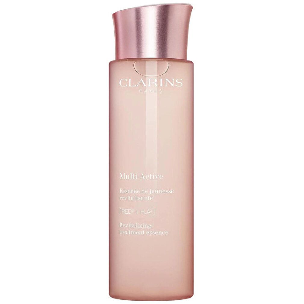 Rosa Flasche mit rosafarbenem Deckel. Aufschrift Clarins, Multi-Active, Essence de jeunesse revitalisante. Text: Watery & fresh texture.