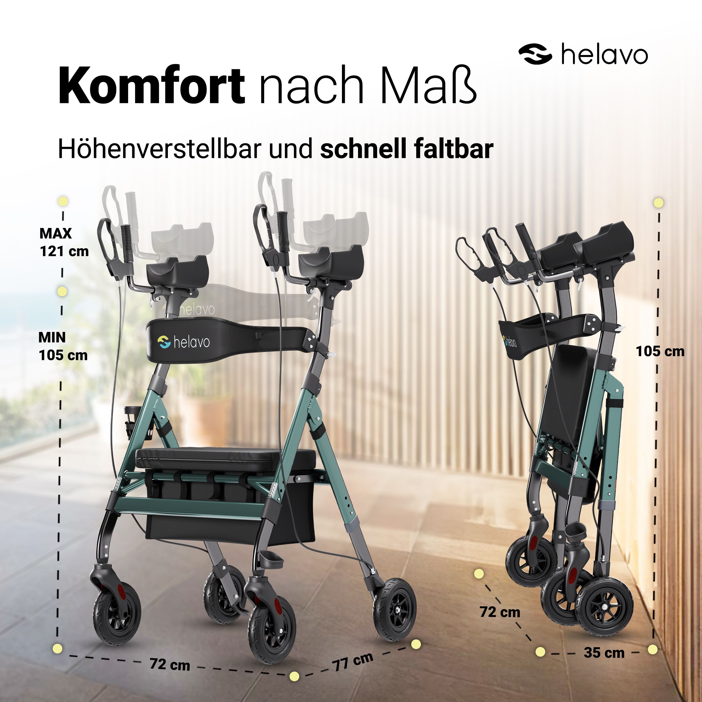 Rollator in geöffneter und gefalteter Position, höhenverstellbar.