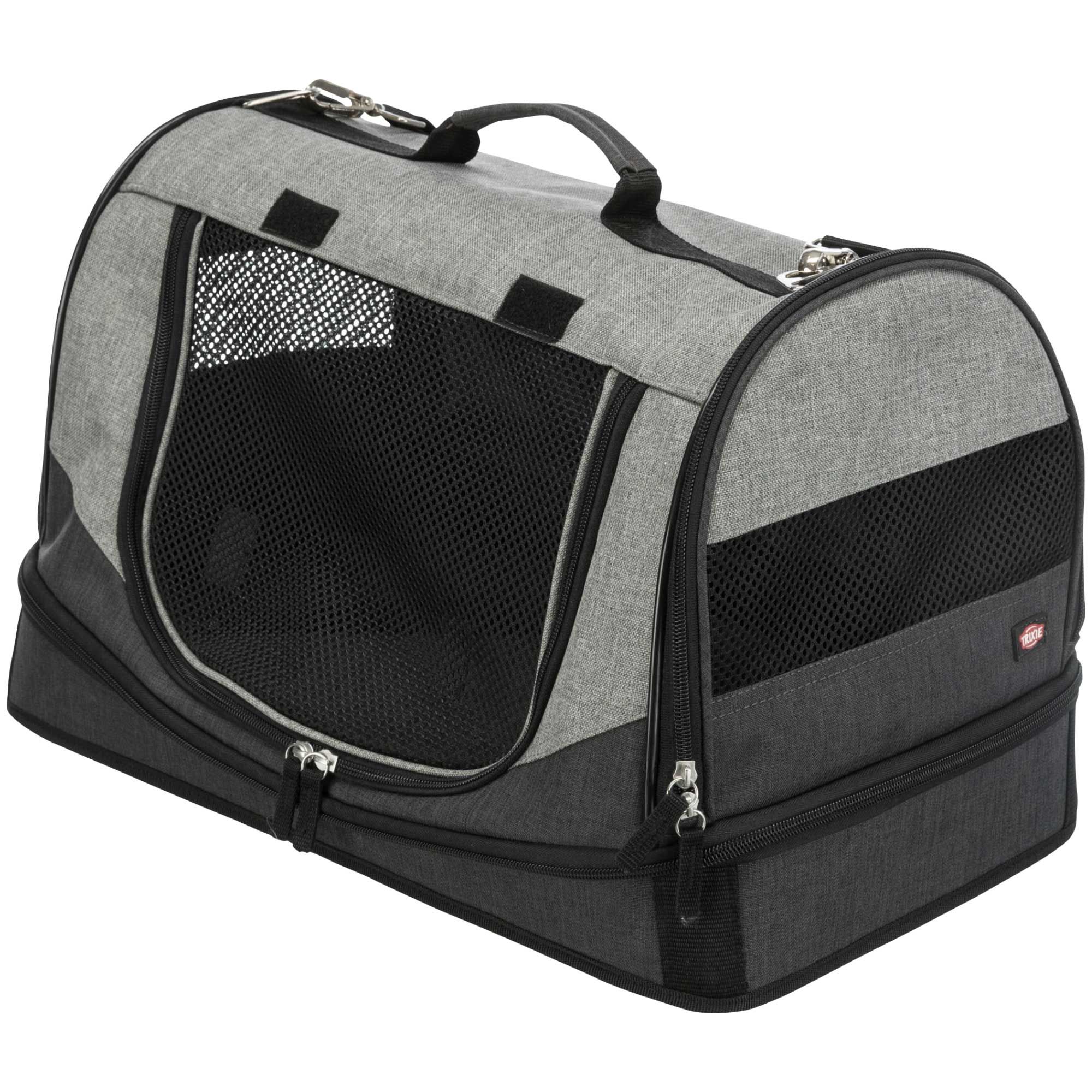 Grau-schwarze Hundetasche mit verstärktem Boden. Mit Tragegriff, Reißverschlüssen und Netzeinsätzen. Ovale Form.