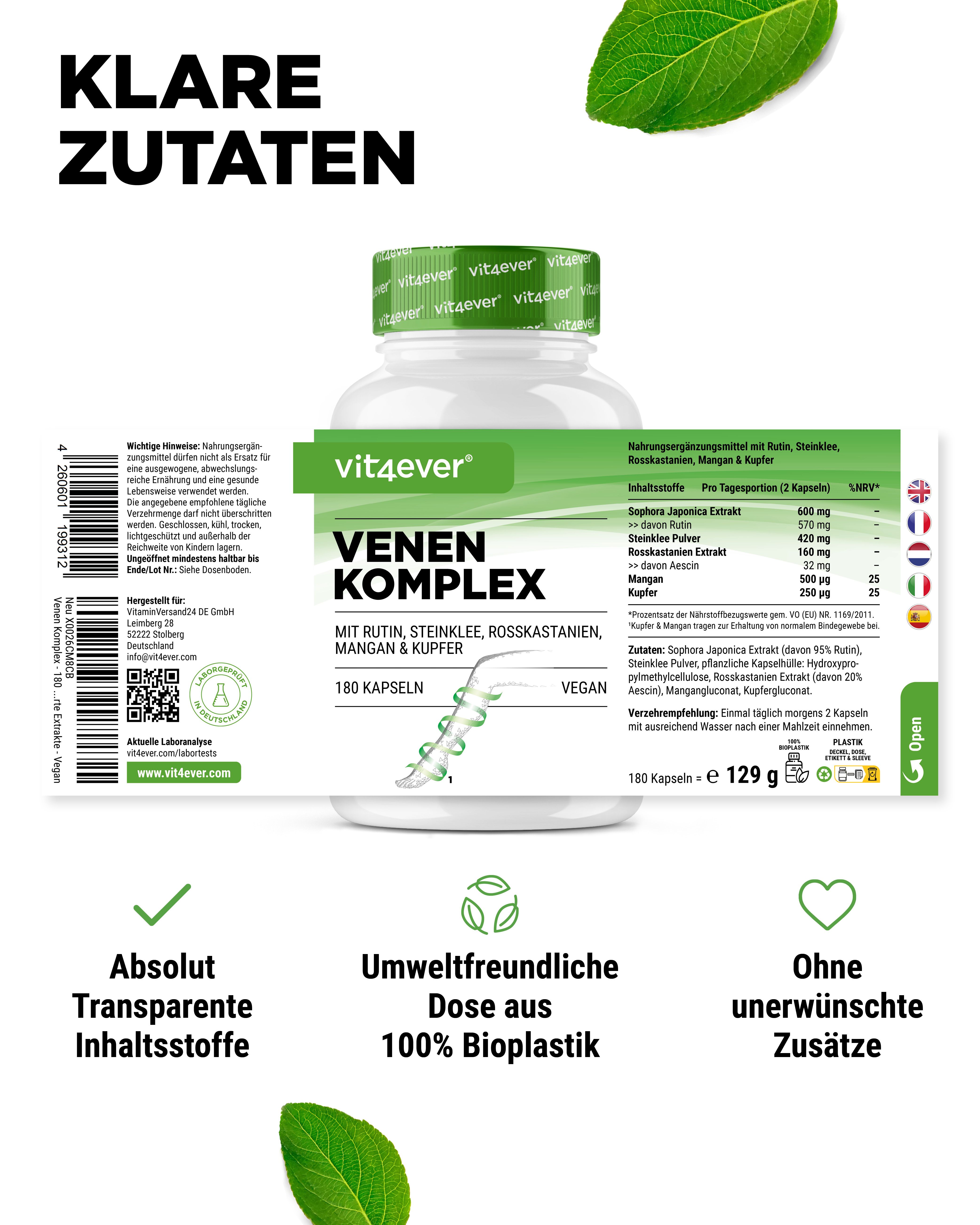 Weißes Pillenbehälter mit grünem Deckel. Aufschrift: Venen Komplex. 180 Kapseln. Text: Klare Zutaten.