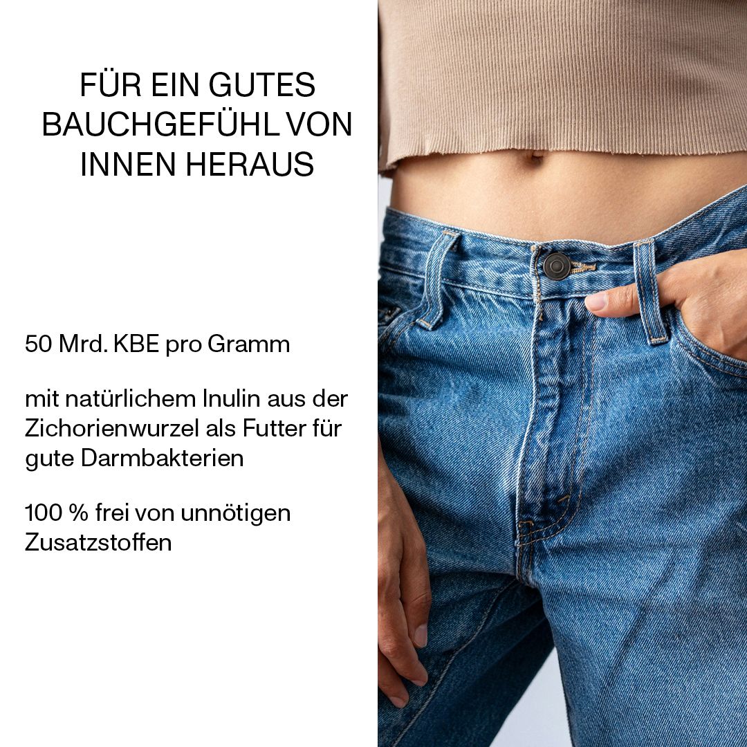Bauch einer Person. Text: 50 Mrd. KBE pro Gramm, mit Inulin, 100% frei von Zusatzstoffen.