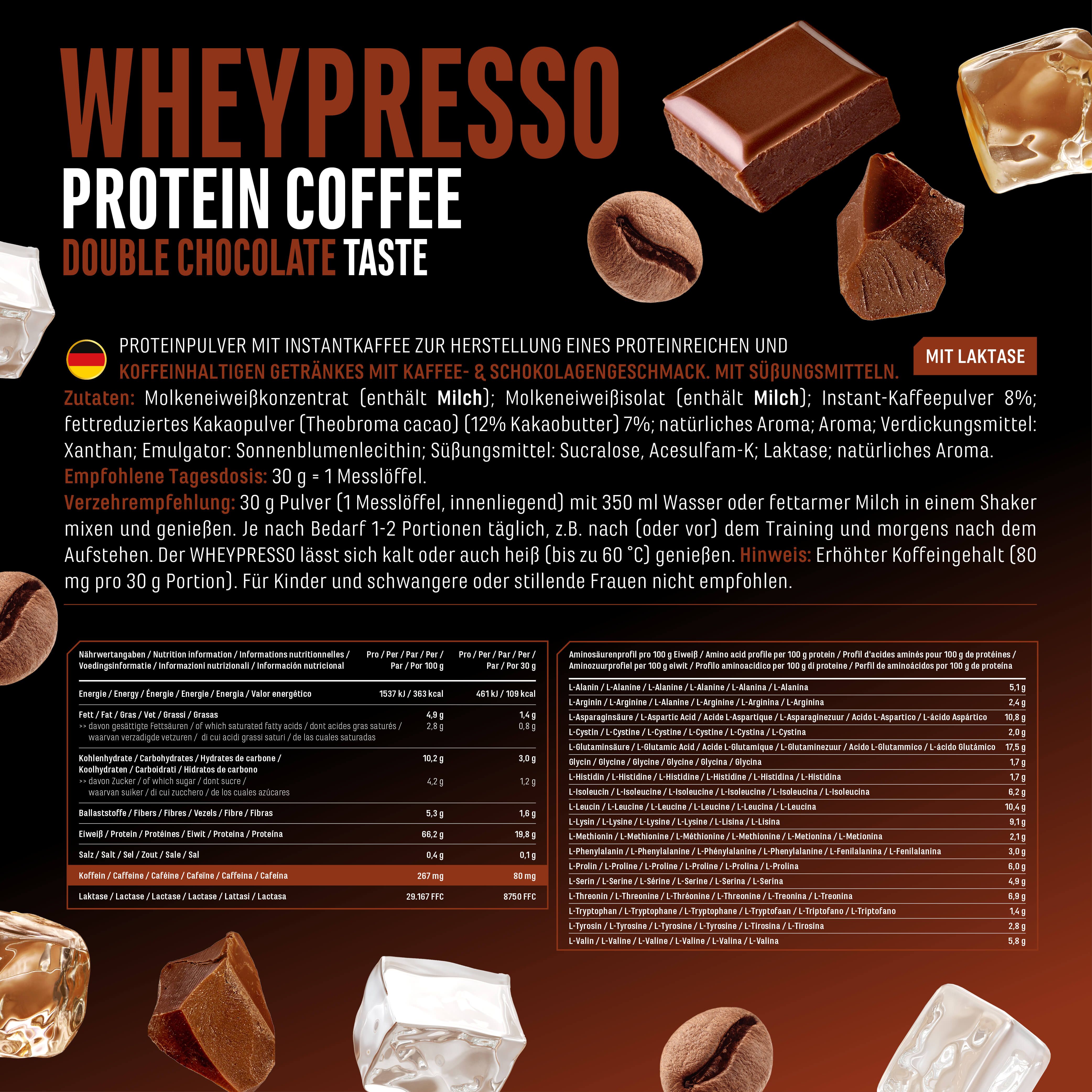 Produktinformationen für Wheypresso Protein Kaffee. Enthält Zutaten, Nährwertangaben und Zubereitungshinweise. Mit Laktase.