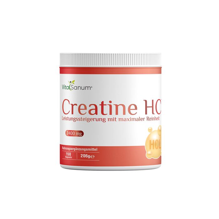 Weiß-roter Behälter mit "VitaSanum" und "Creatine HCl" Aufschrift. 2400 mg, 150 Kapseln, 205g. Gelbes HCl-Symbol.