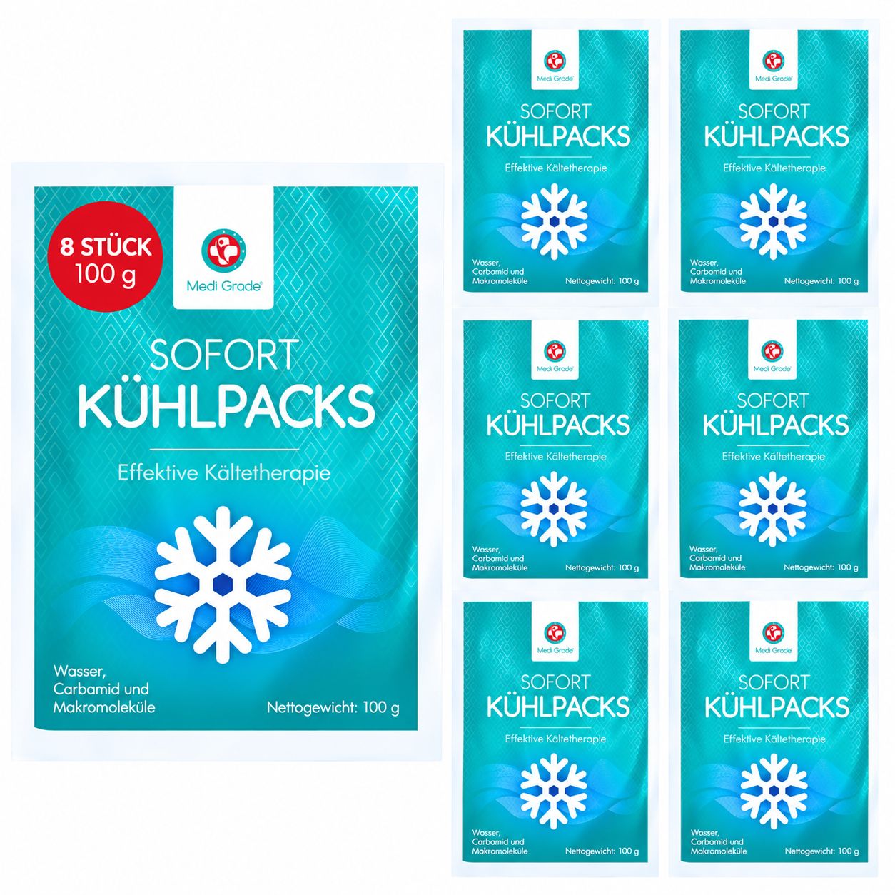 Anwendung von Kühlpacks an Knöchel, Kopf und Hand. Kind mit Kühlpack am Bein. "Medi Grade" Logo.