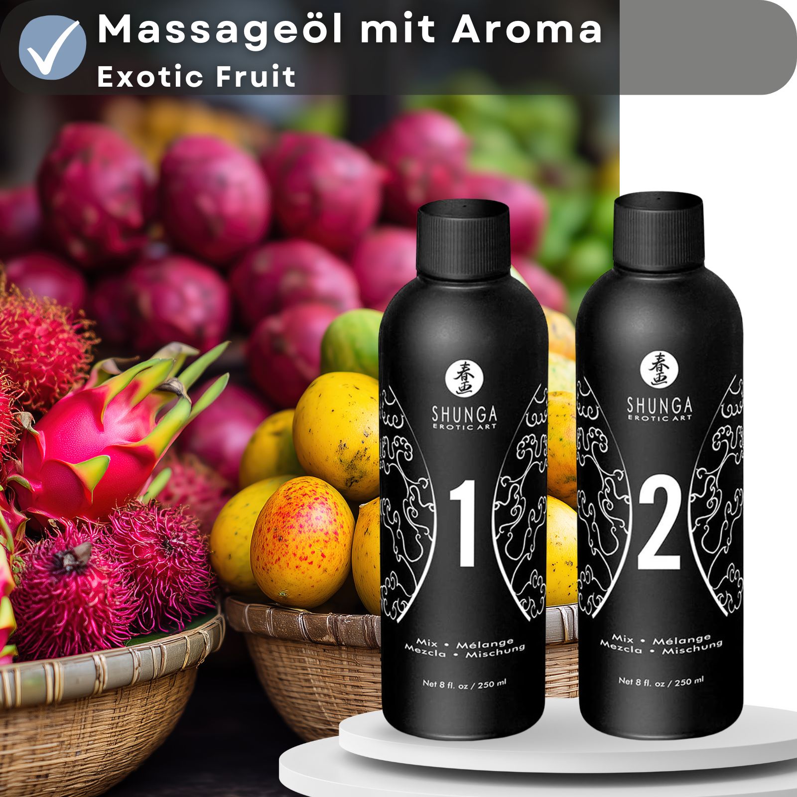 Zwei schwarze Flaschen mit weißer Schrift. Auf jeder Flasche eine Nummer: 1 und 2. Hintergrund: Früchte. Text: Massageöl mit Aroma Exotic Fruit.