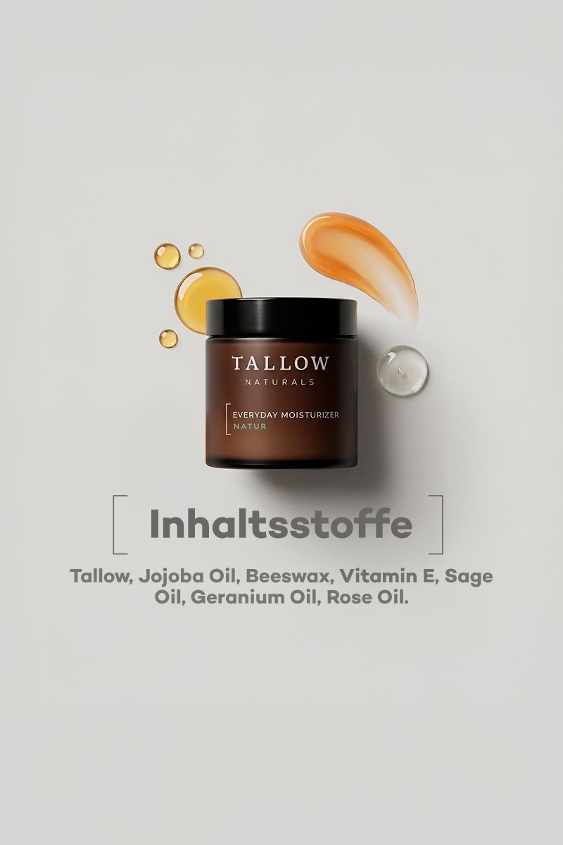 Tiegel mit schwarzen Deckel. Text: Inhaltsstoffe: Tallow, Jojobaöl, Bienenwachs, Vitamin E, Salbeiöl, Geranienöl, Rosenöl.