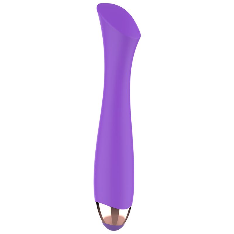 Lila Vibrator aus Silikon. Geschwungene Form, goldfarbene Spitze. Glatte Oberfläche.