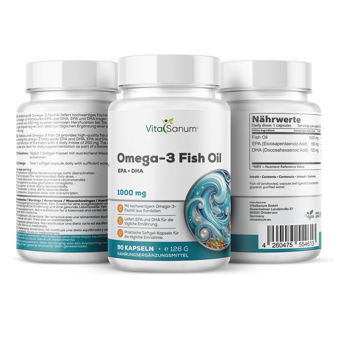 VitaSanum Omega-3 Fischöl Kapseln, 1000 mg, 90 Stück, mit Nährwertangaben.