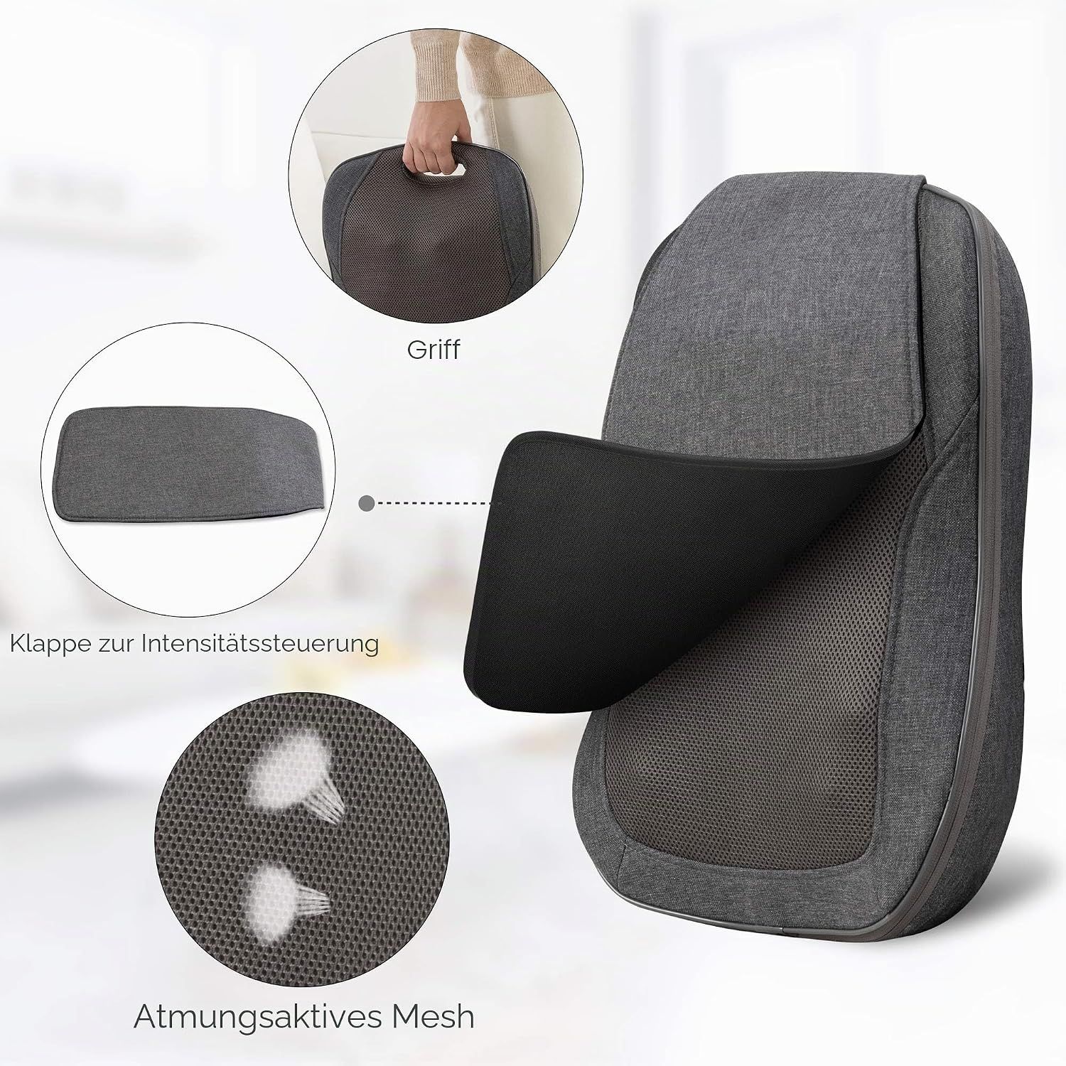 Graues Massagekissen mit Heizfunktion und Bedienfeld für Intensität und Wärme.