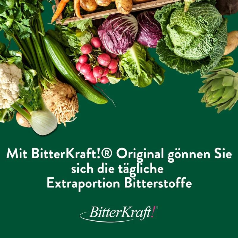 Gemüse in Holzkiste. Text: Mit BitterKraft! Original gönnen Sie sich die tägliche Extraportion Bitterstoffe. Logo.