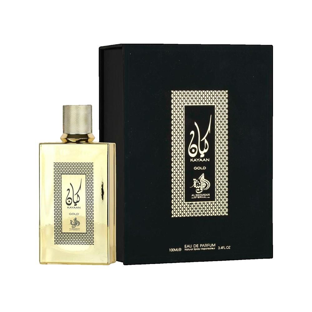 Goldfarbener Flakon und schwarze Verpackung. Aufschrift in arabischer und englischer Schrift: Kayaan Gold. Eau de Parfum.