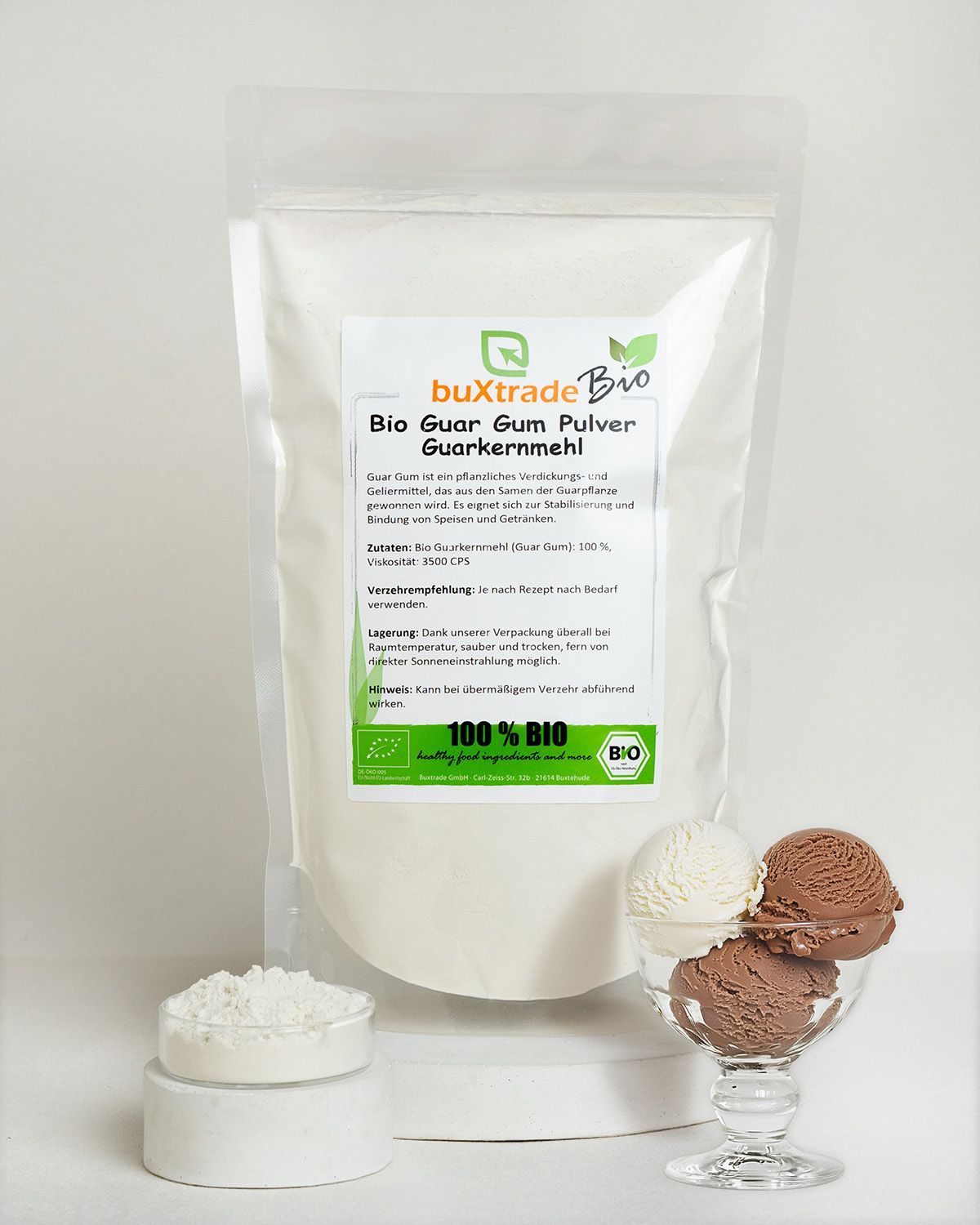 Verpackung von buxtrade Bio Guar Gum Pulver mit Eiscreme.