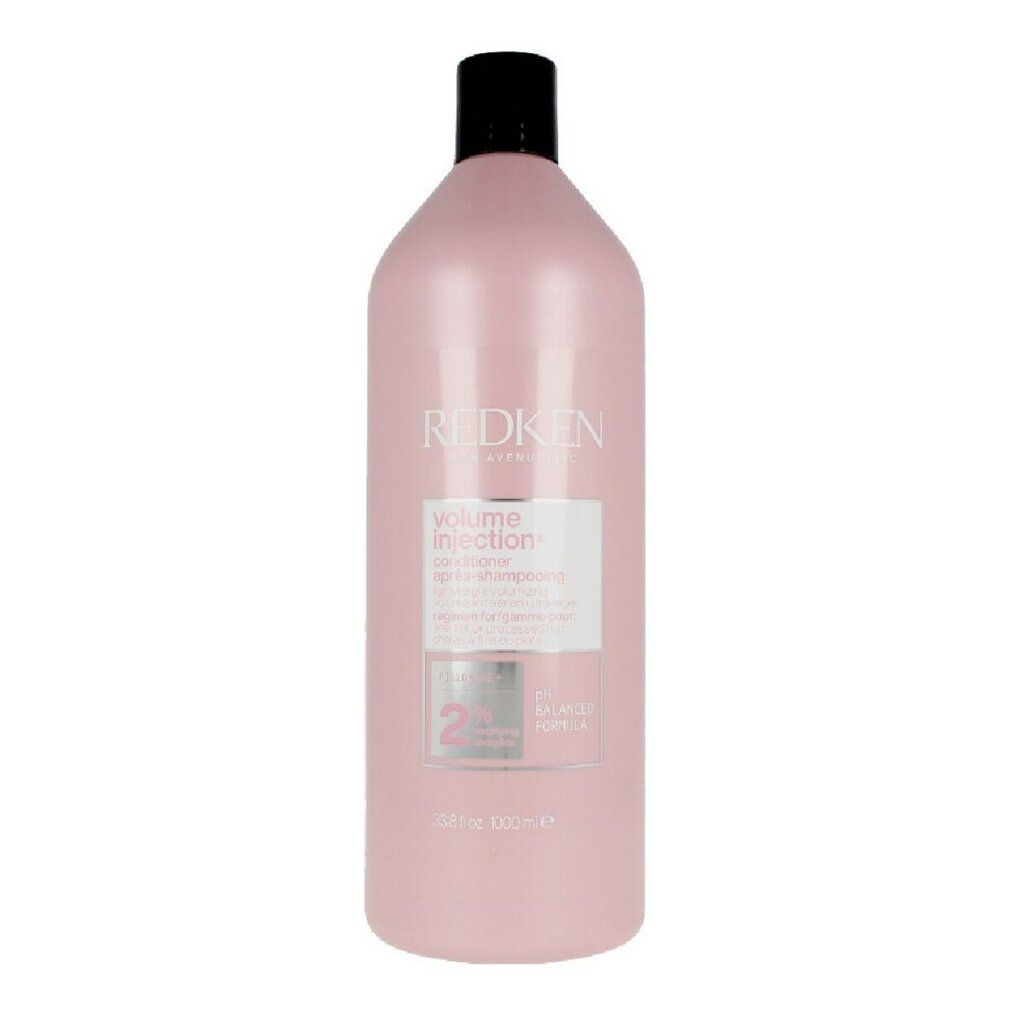 Rosa Flasche mit schwarzem Deckel. Etikett mit Produktinformationen. Marke Redken.