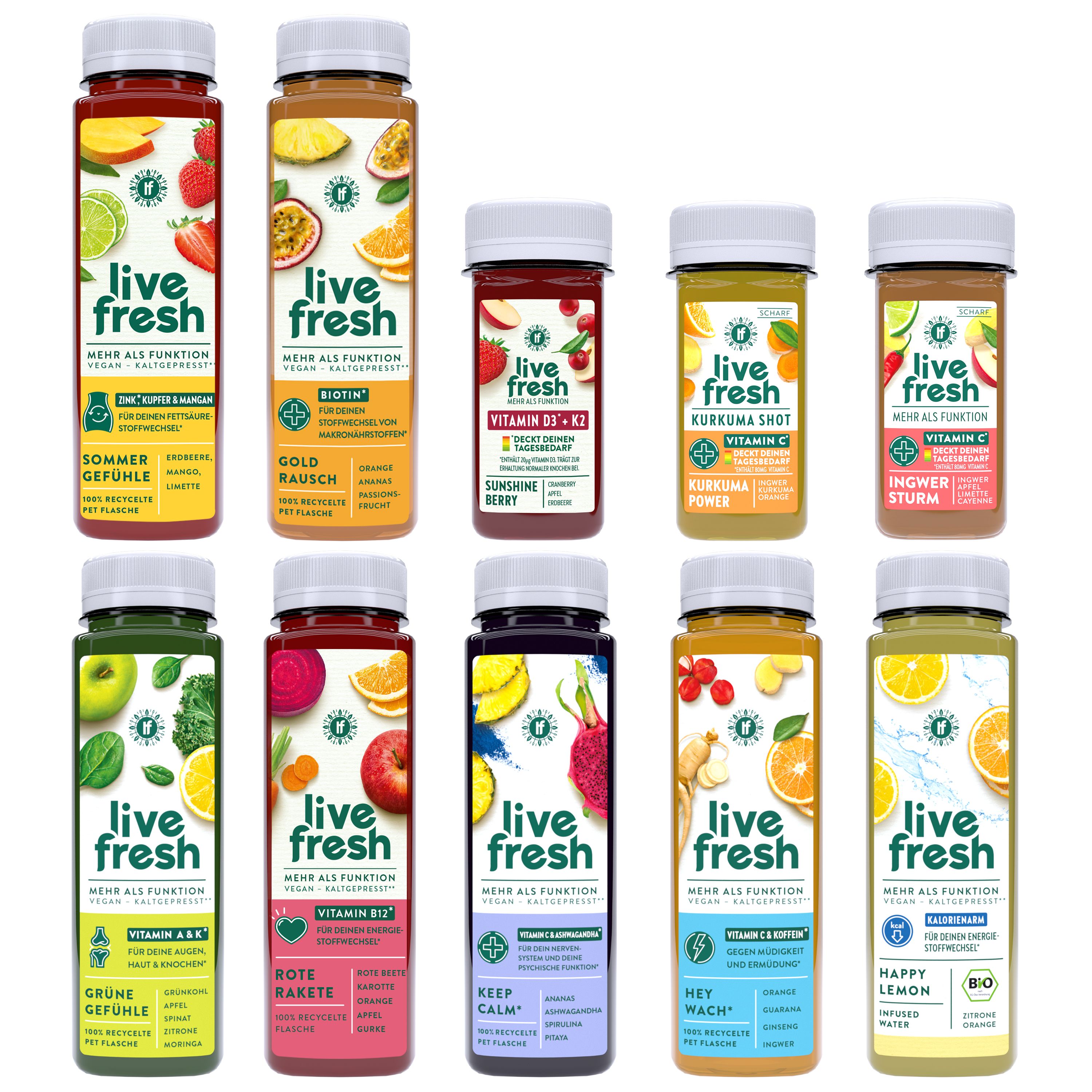Mehrere Flaschen LiveFresh Saftkur, verschiedene Geschmacksrichtungen, mit weißen Deckeln. Etiketten mit Fruchtbildern und Text.