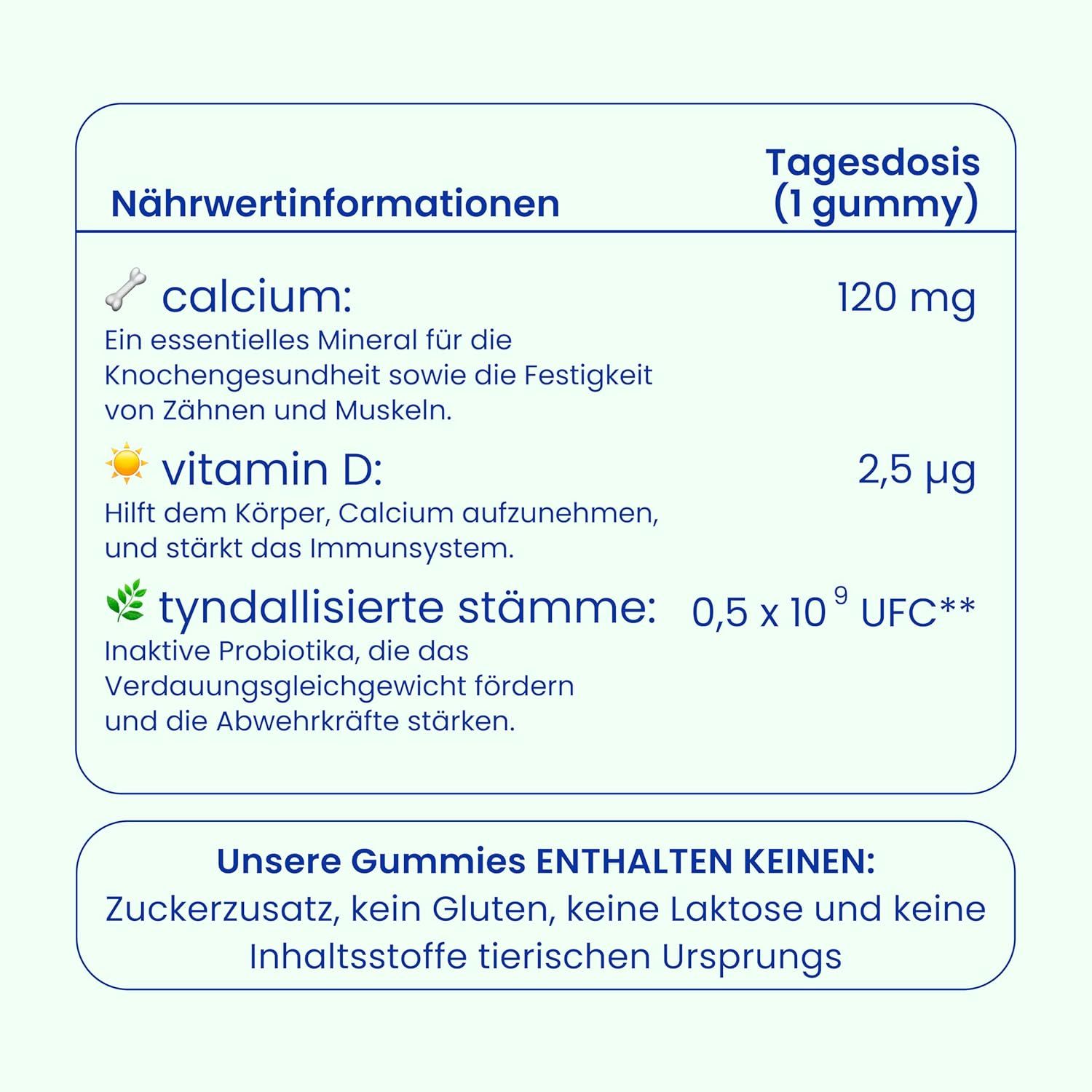 Nährwertinformationen: Calcium, Vitamin D, tyndallisierte Stämme. Enthält keinen Zucker, Gluten, Laktose oder tierische Inhaltsstoffe.