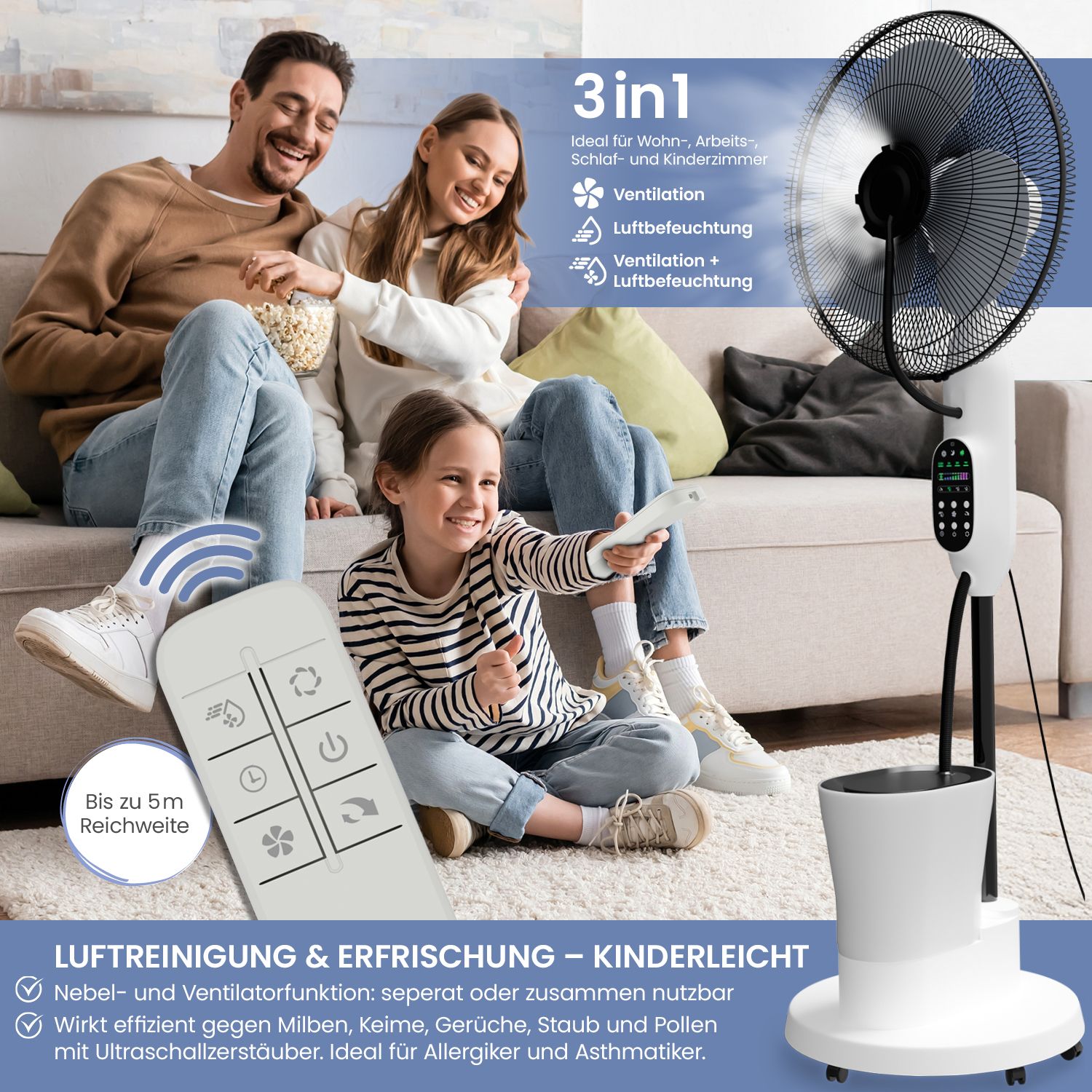 Familie auf Sofa, Standventilator mit Fernbedienung. Text: "3in1", "Luftreinigung & Erfrischung". Funktionen: Ventilation, Luftbefeuchtung, Timer.