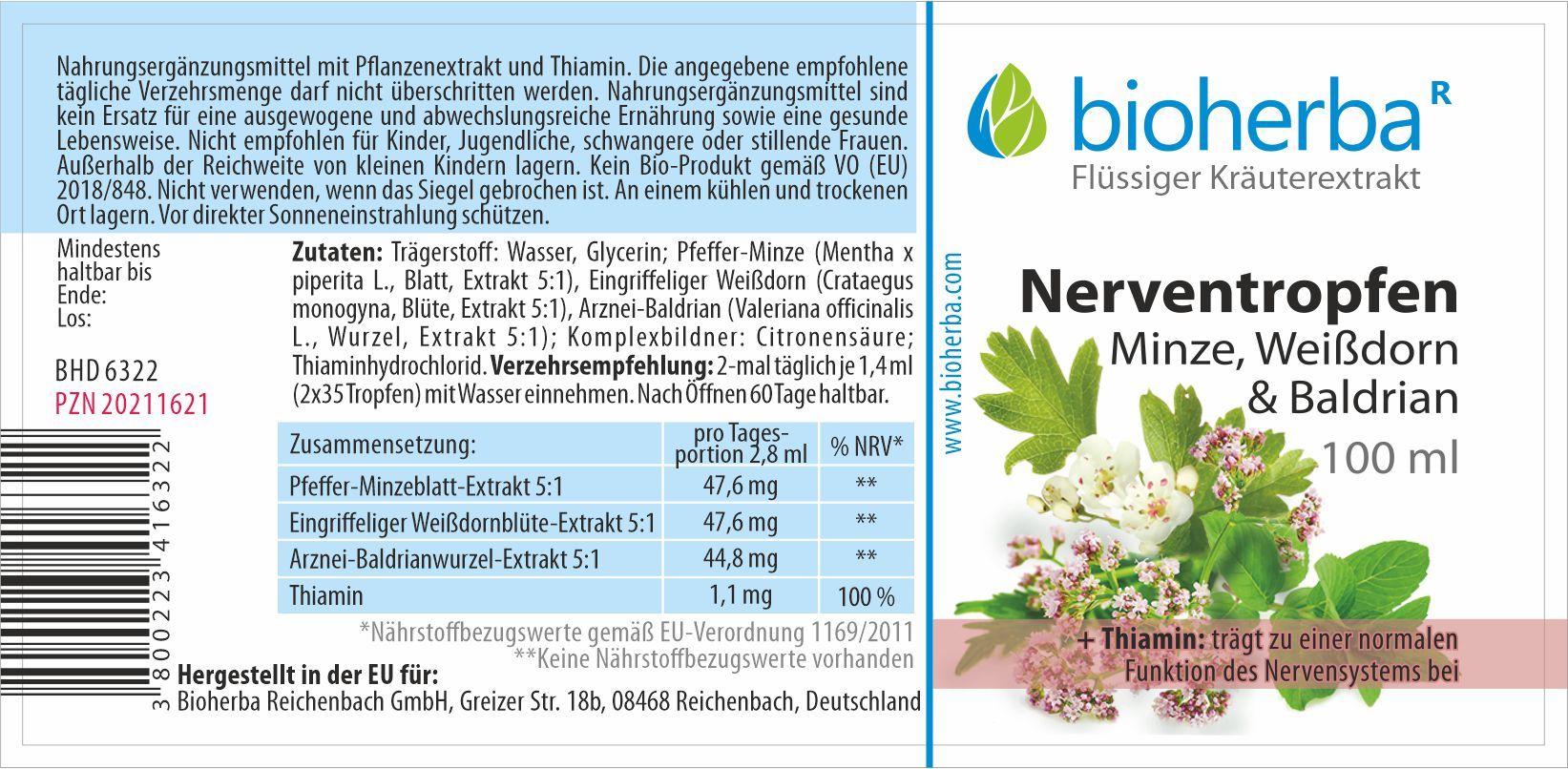 Etikett mit Produktinformationen. Enthält Text, Inhaltsstoffe und Nährwertangaben. Marke: bioherba. Produkt: Nerventropfen Minze, Weißdorn & Baldrian.