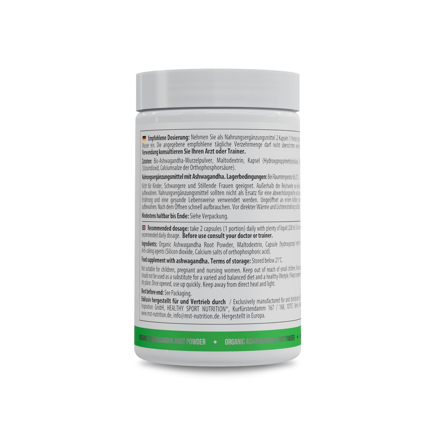 Rückseite einer weißen Kapsel-Dose. Text: Empfohlene Dosierung, Zutaten, Lagerbedingungen. Enthält organisches Ashwagandha-Wurzelpulver.