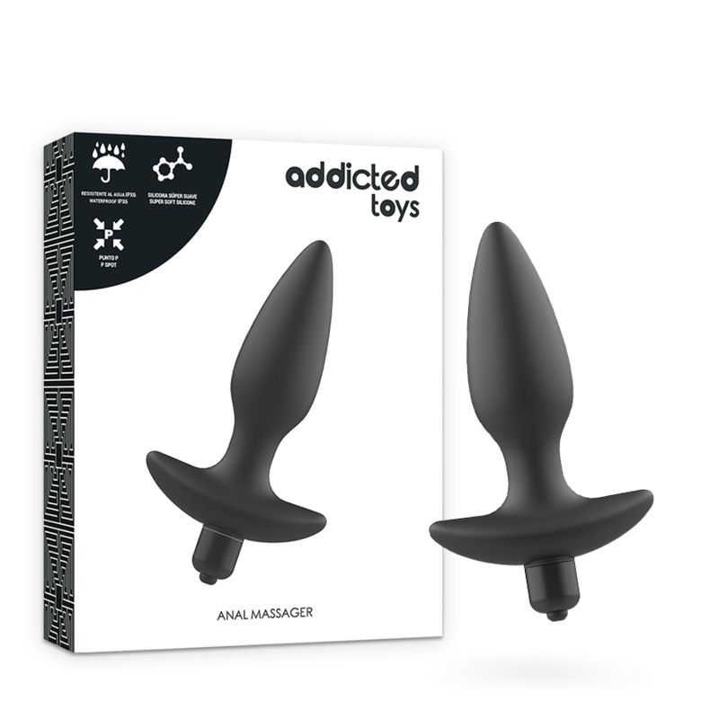 Verpackung mit zwei schwarzen Analplugs. Marke Addicted Toys. Text: Anal Massager.