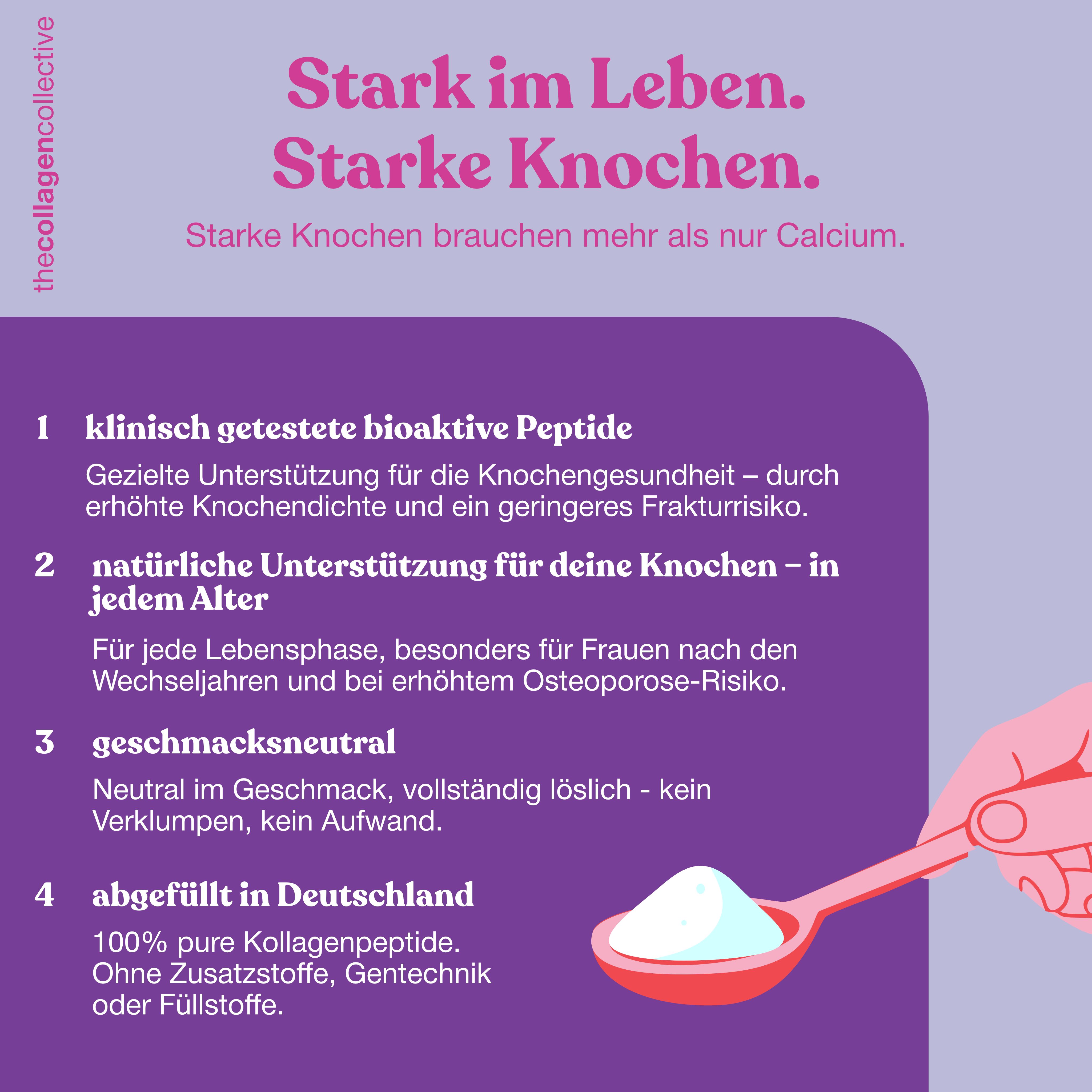 Infografik mit Text über bioaktive Peptide. Eine Hand hält einen Löffel mit Pulver. Lila und rosa Hintergrund.