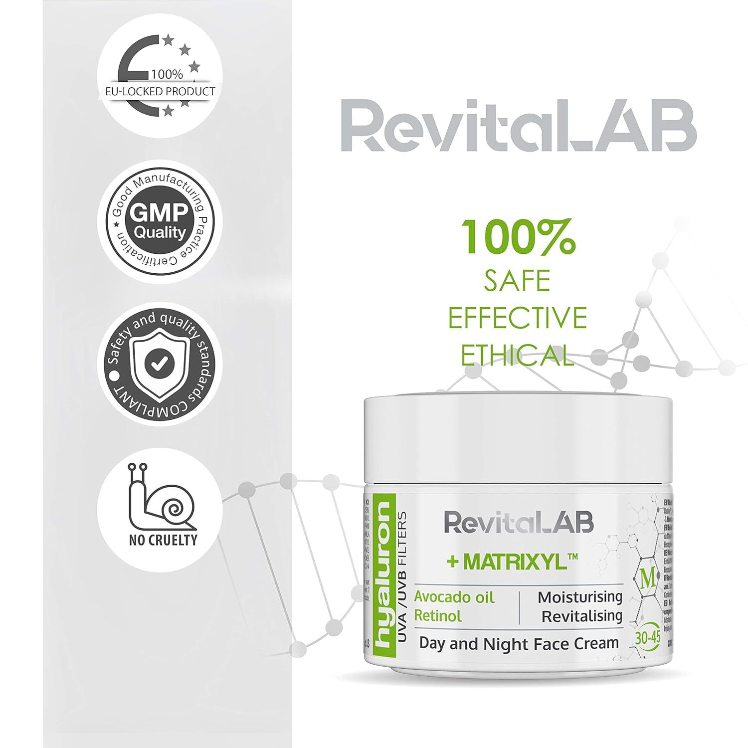 Weißer Tiegel mit Deckel. Aufschrift: RevitaLAB + Matrixyl, Hyaluron, UVA/UVB Filters, Avocadoöl, Retinol, Tages- und Nachtcreme. Altersempfehlung 30-45. Logos.
