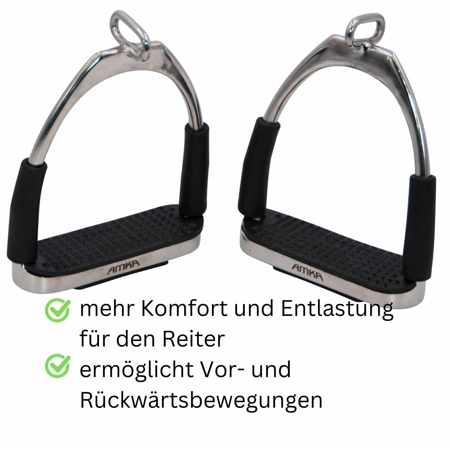 Zwei Steigbügel mit Text: Mehr Komfort und Entlastung für den Reiter. Ermöglicht Vor- und Rückwärtsbewegungen.