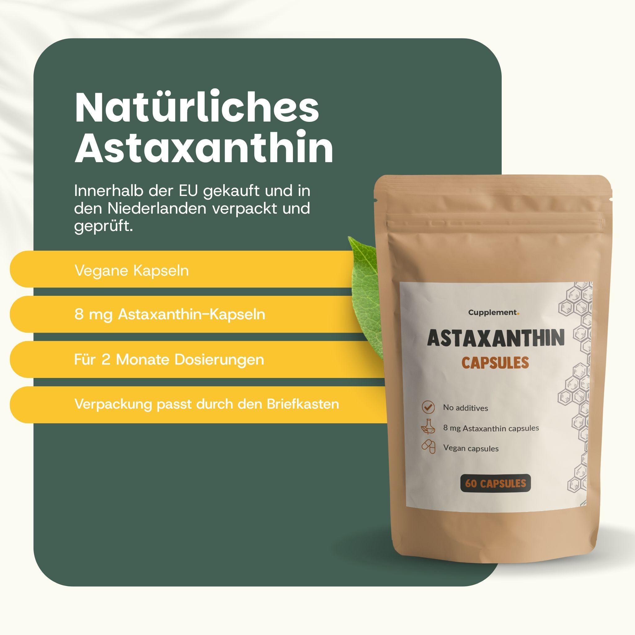 Braune Tüte mit Astaxanthin-Kapseln. Text: „Astaxanthin-Kapseln“. 60 Kapseln. Vegan. 8 mg Astaxanthin.