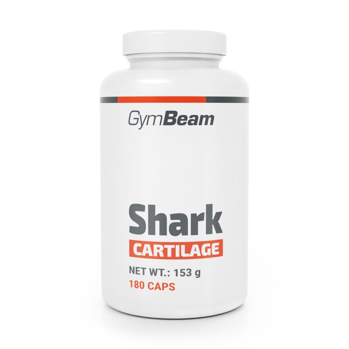 GymBeam Shark Cartilage Kapseln, weißer Behälter mit rotem und schwarzem Etikett.