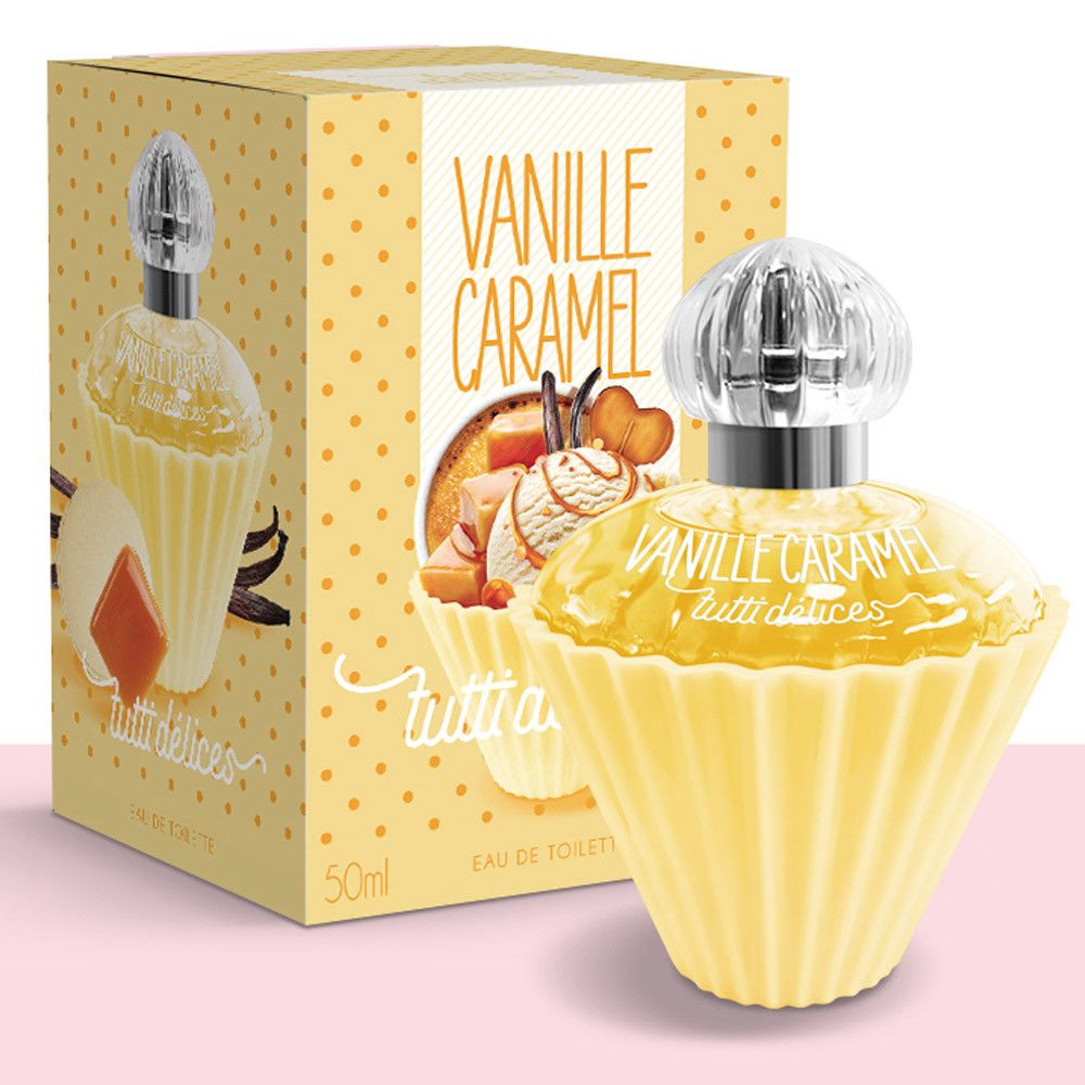 Parfümflakon und Verpackung. Flakon in Cupcake-Form. Gelb, mit Schriftzug: Vanille Caramel, tutti délices. Verpackung mit Punkten.
